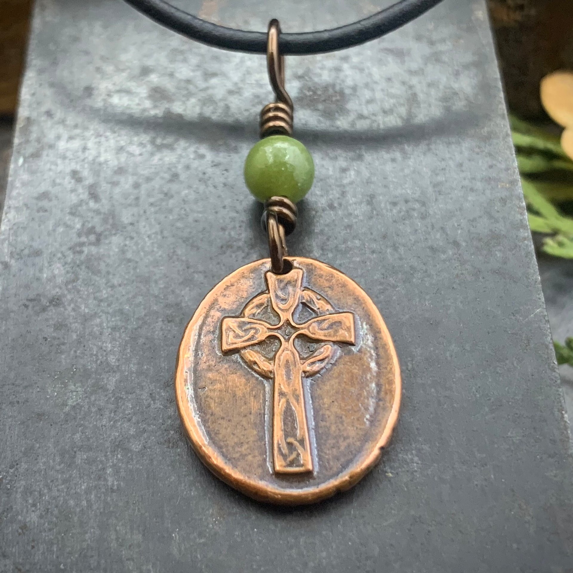Copper Celtic Cross, Wax Seal Charm, Connemara Marble, Irish Celtic, Copper Cross Necklace, Leather & Vegan Cords, Handmade Art Jewelry