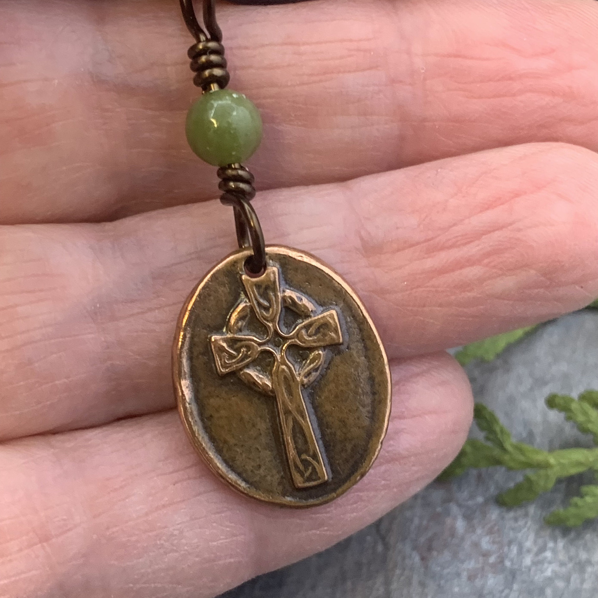 Copper Celtic Cross, Wax Seal Charm, Connemara Marble, Irish Celtic, Copper Cross Necklace, Leather & Vegan Cords, Handmade Art Jewelry