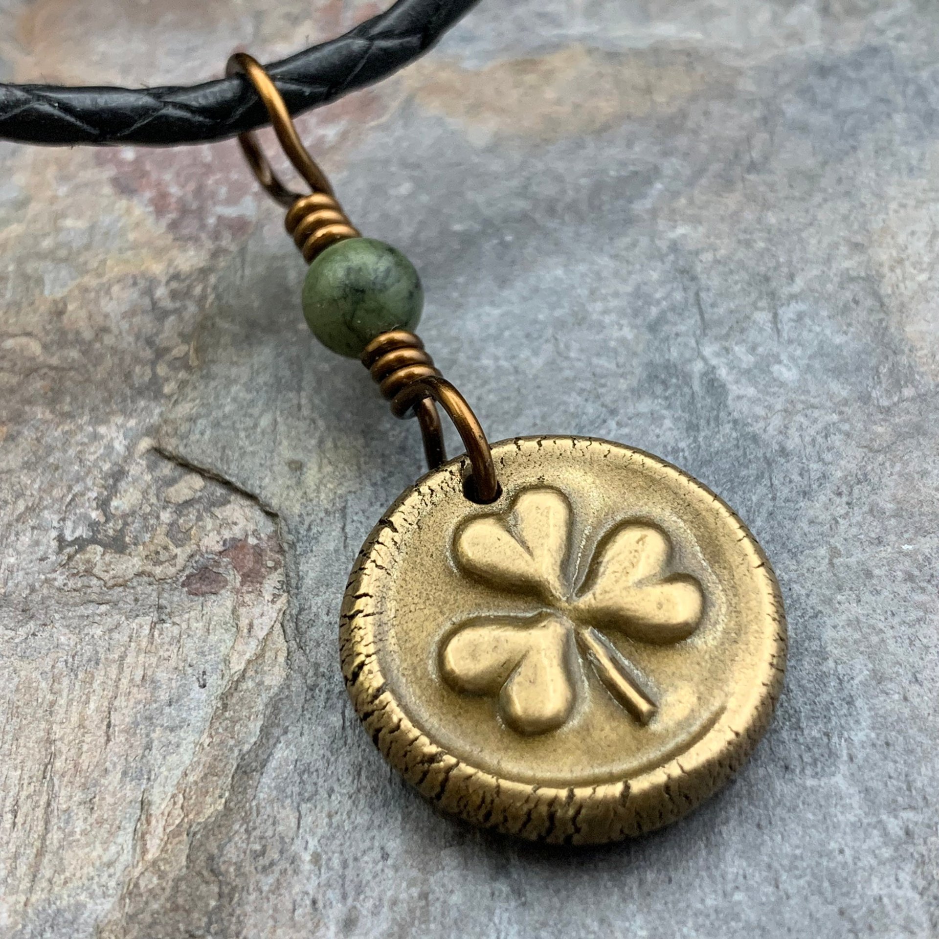 Shamrock Clover Charm, Bronze Wax Seal Charm, Connemara Marble, Irish Celtic, Trinity, Eco Recycled Metal, Leather & Vegan Cords, Handmade