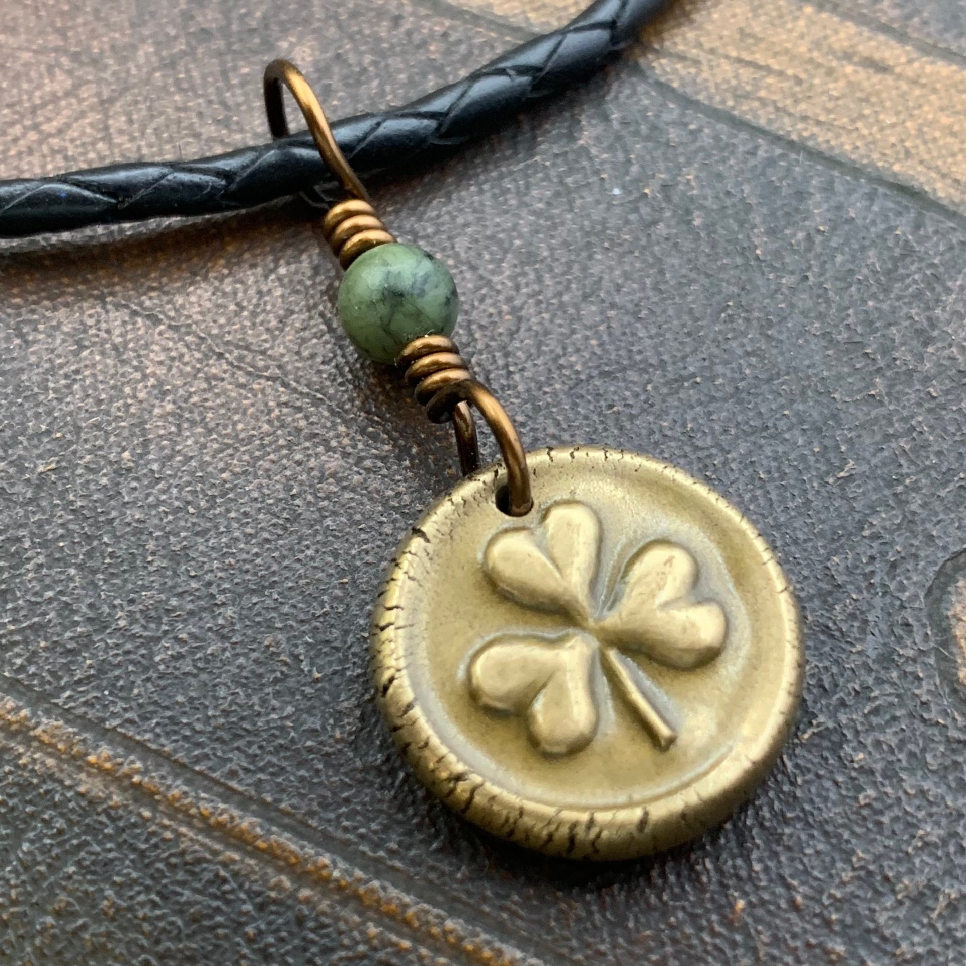 Shamrock Clover Charm, Bronze Wax Seal Charm, Connemara Marble, Irish Celtic, Trinity, Eco Recycled Metal, Leather & Vegan Cords, Handmade