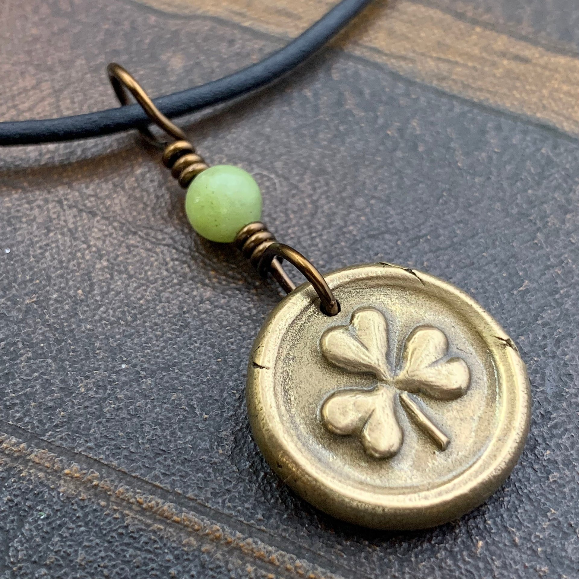 Shamrock Clover Charm, Bronze Wax Seal Charm, Connemara Marble, Irish Celtic, Trinity, Eco Recycled Metal, Leather & Vegan Cords, Handmade