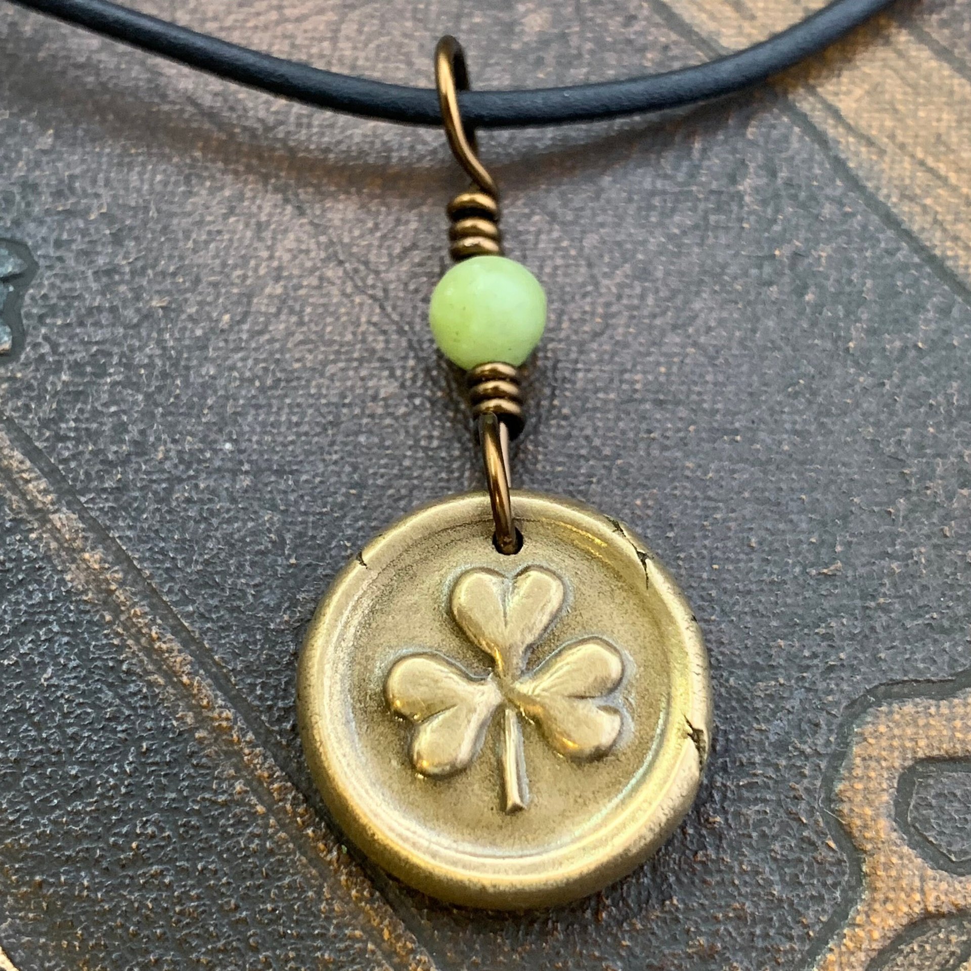 Shamrock Clover Charm, Bronze Wax Seal Charm, Connemara Marble, Irish Celtic, Trinity, Eco Recycled Metal, Leather & Vegan Cords, Handmade