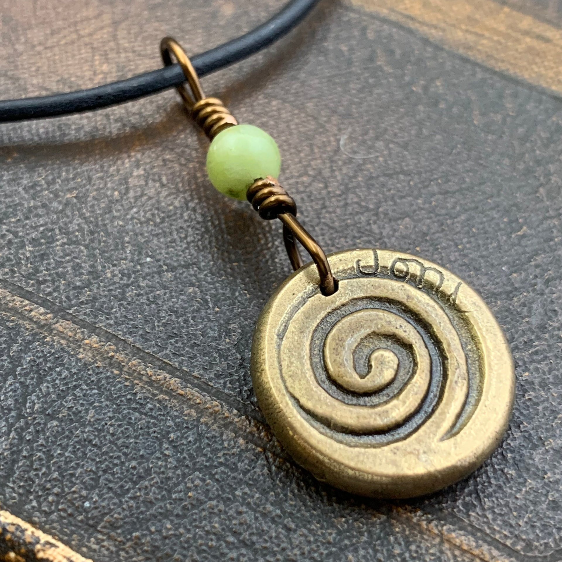Shamrock Clover Charm, Bronze Wax Seal Charm, Connemara Marble, Irish Celtic, Trinity, Eco Recycled Metal, Leather & Vegan Cords, Handmade
