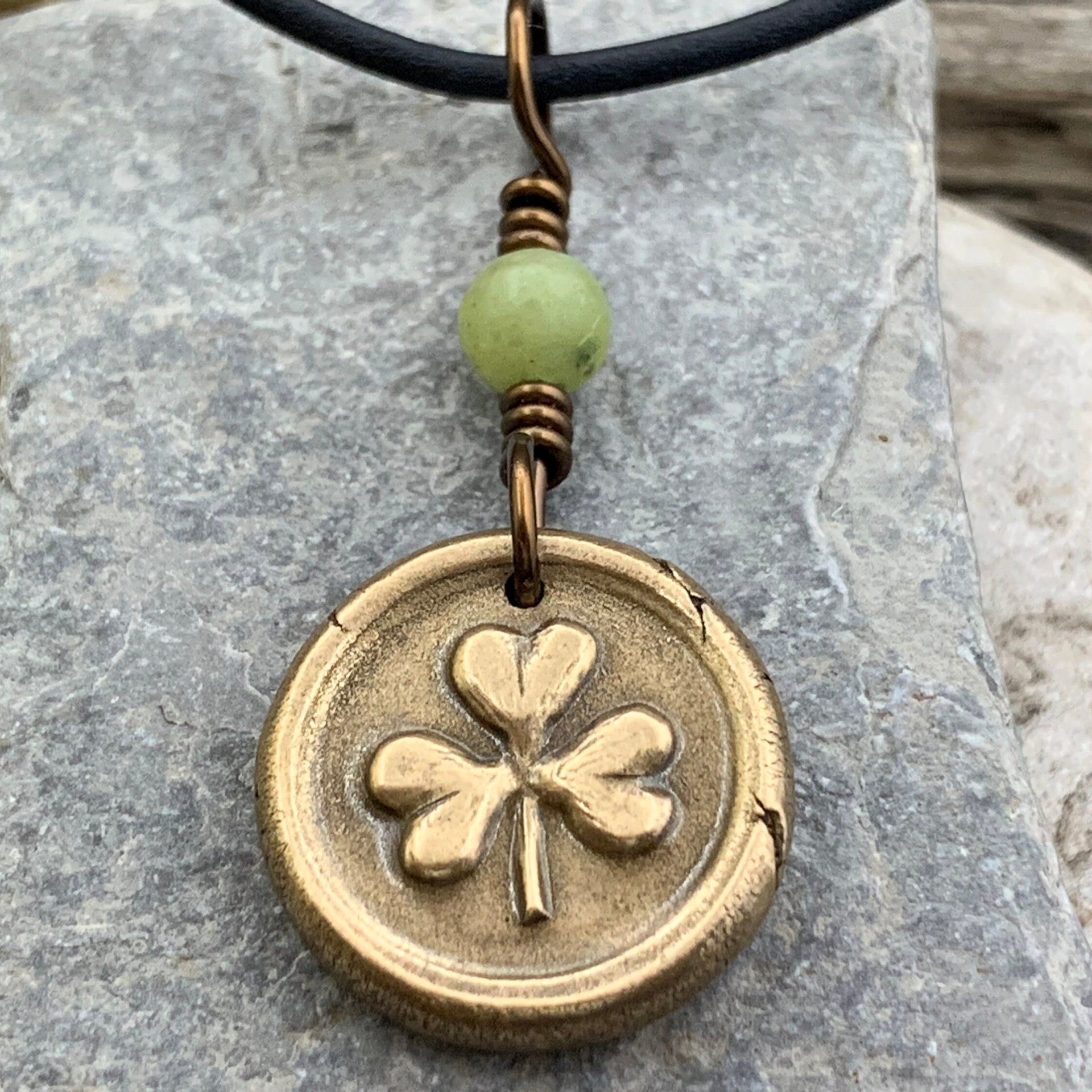 Shamrock Clover Charm, Bronze Wax Seal Charm, Connemara Marble, Irish Celtic, Trinity, Eco Recycled Metal, Leather & Vegan Cords, Handmade