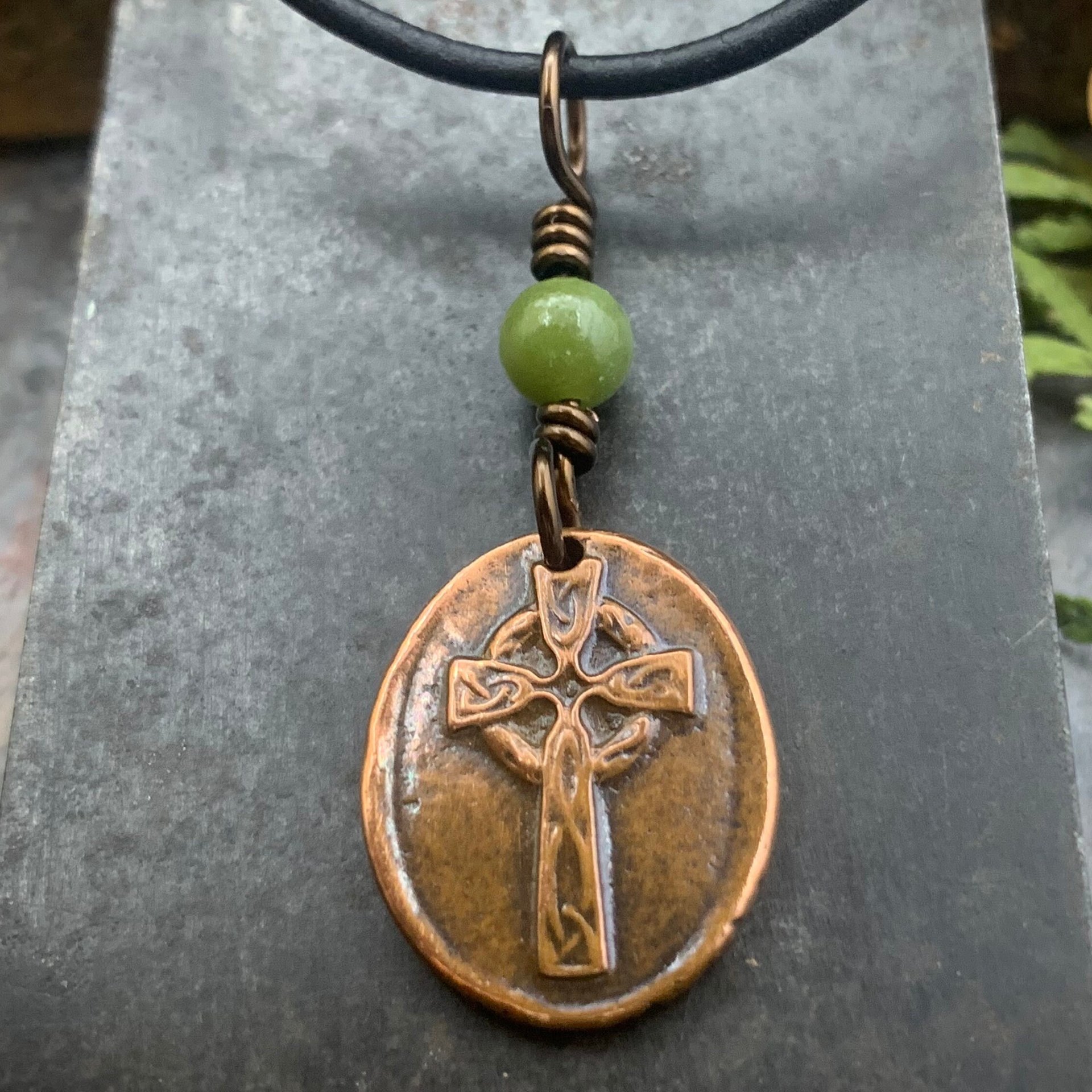 Copper Celtic Cross, Wax Seal Charm, Connemara Marble, Irish Celtic, Copper Cross Necklace, Leather & Vegan Cords, Handmade Art Jewelry