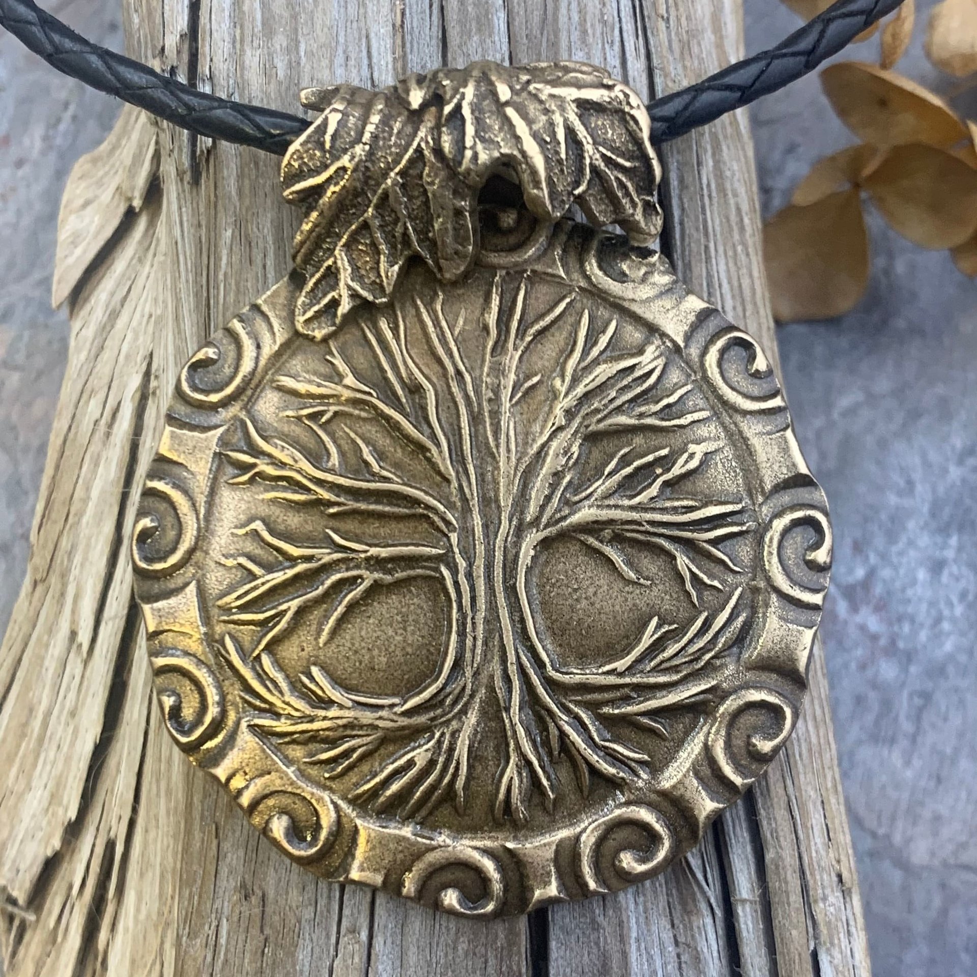 Celtic Tree of Life, Bronze Pendant, Irish Celtic Spirals, Round Tree of Life, Crann Bethadh, Hand Carved, Green Witch, Leather & Vegan Cord