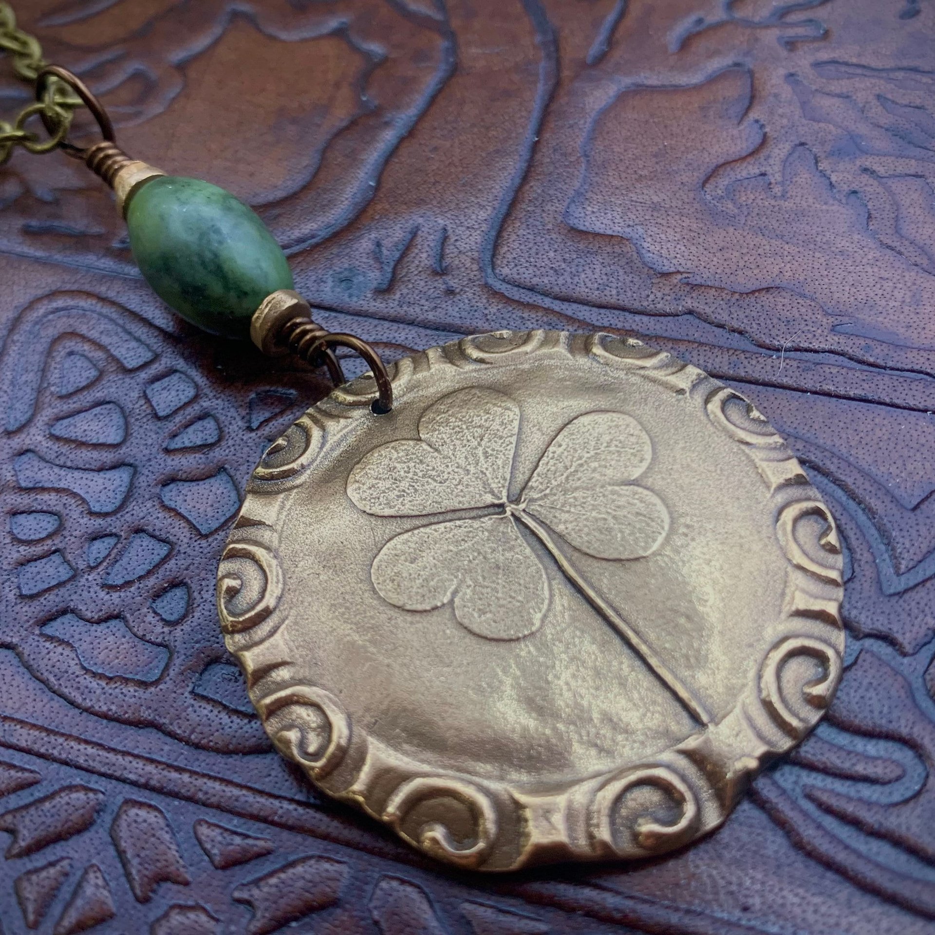 Shamrock Pendant, Connemara Marble Necklace, Irish Celtic Spirals, Bronze 8th Anniversary, Irish Clover, Leather Vegan Cords, Antiqued Chain