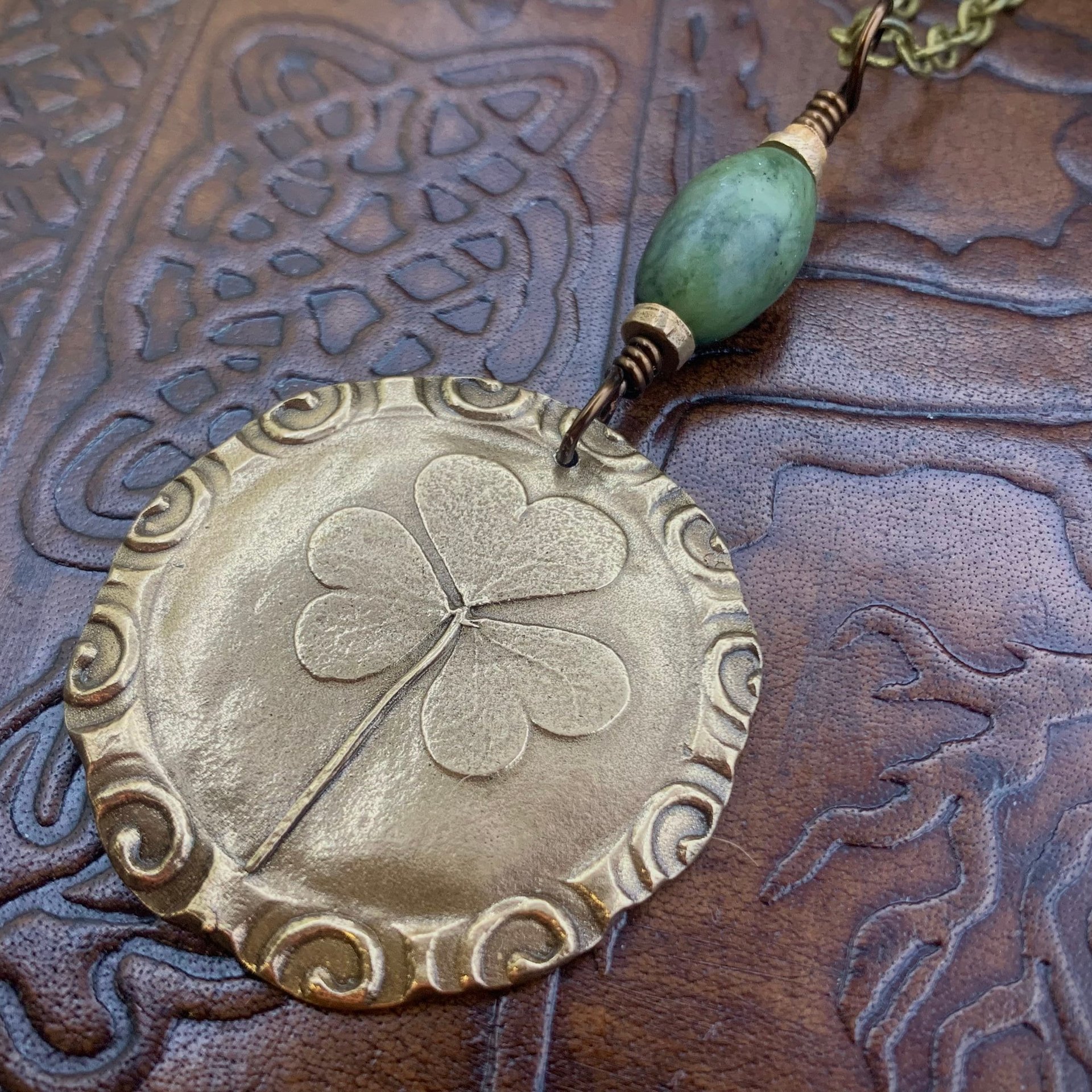 Shamrock Pendant, Connemara Marble Necklace, Irish Celtic Spirals, Bronze 8th Anniversary, Irish Clover, Leather Vegan Cords, Antiqued Chain