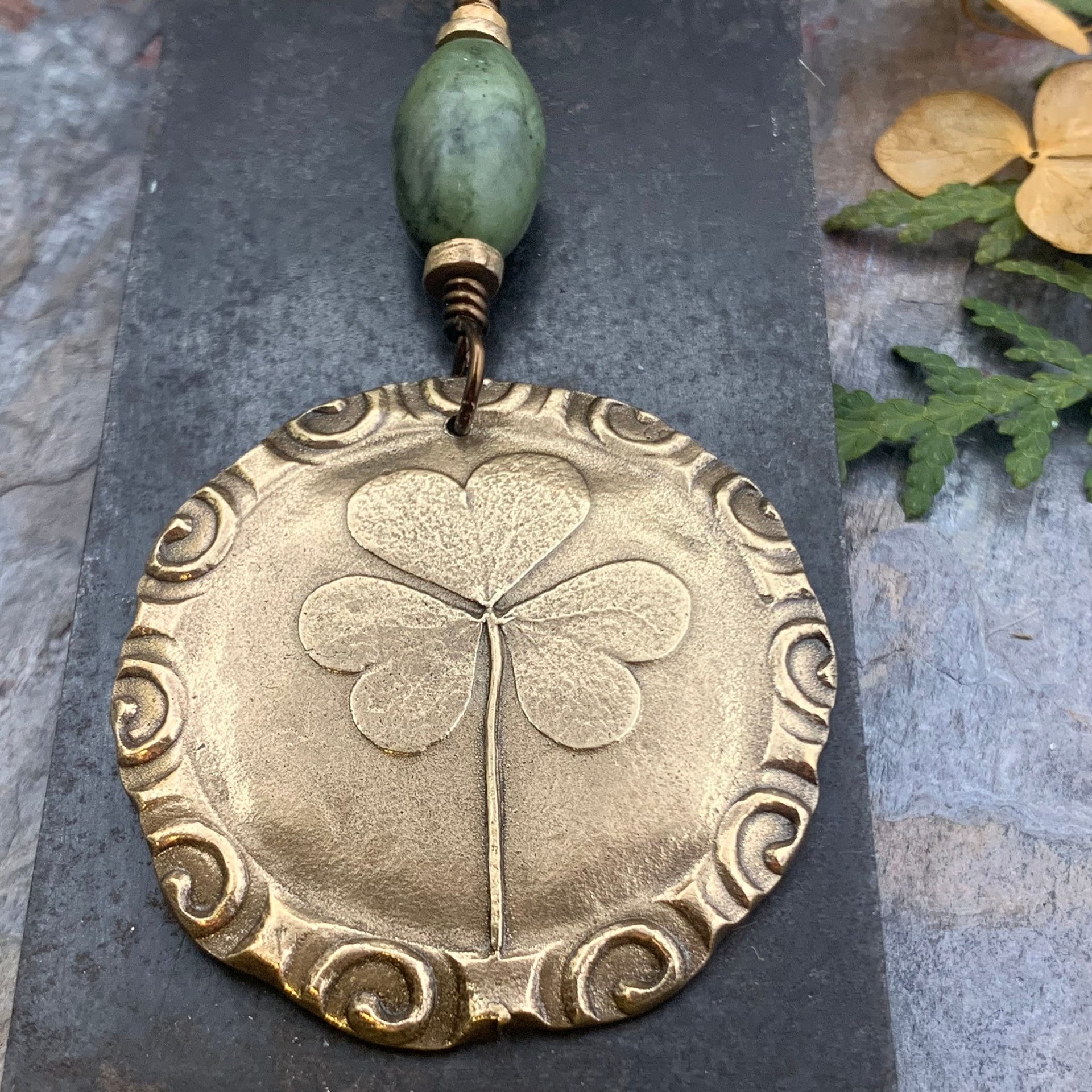 Shamrock Pendant, Connemara Marble Necklace, Irish Celtic Spirals, Bronze 8th Anniversary, Irish Clover, Leather Vegan Cords, Antiqued Chain
