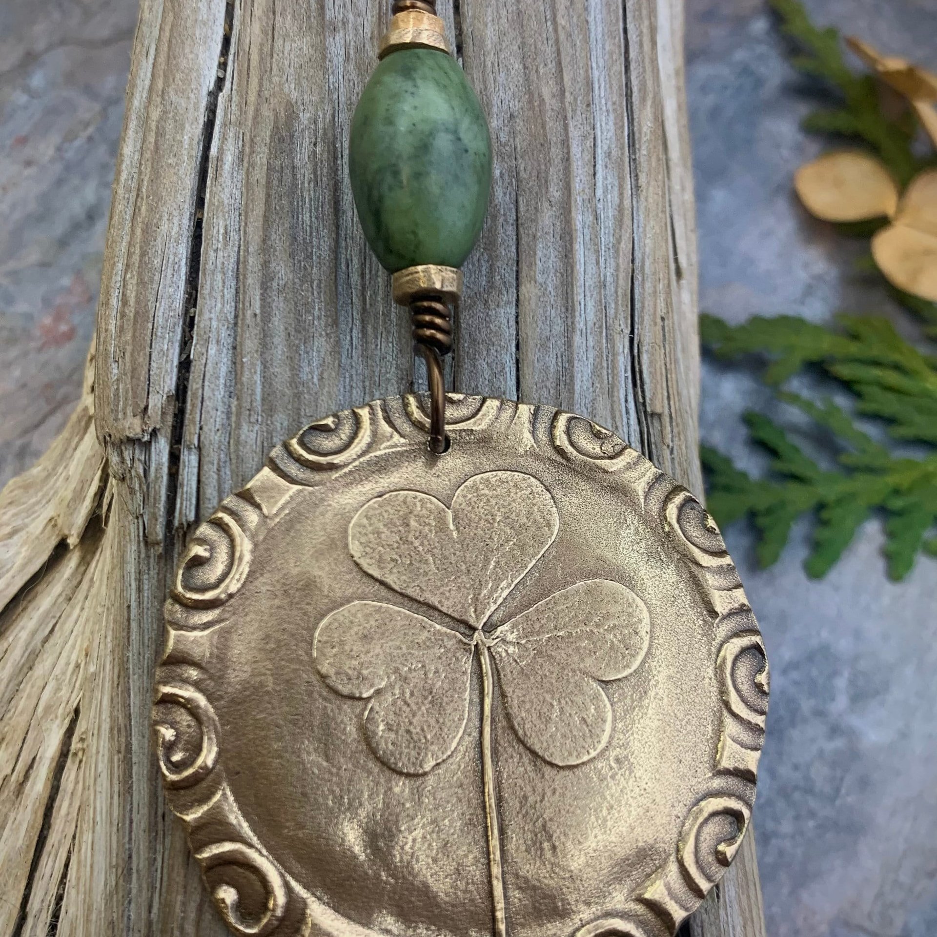 Shamrock Pendant, Connemara Marble Necklace, Irish Celtic Spirals, Bronze 8th Anniversary, Irish Clover, Leather Vegan Cords, Antiqued Chain