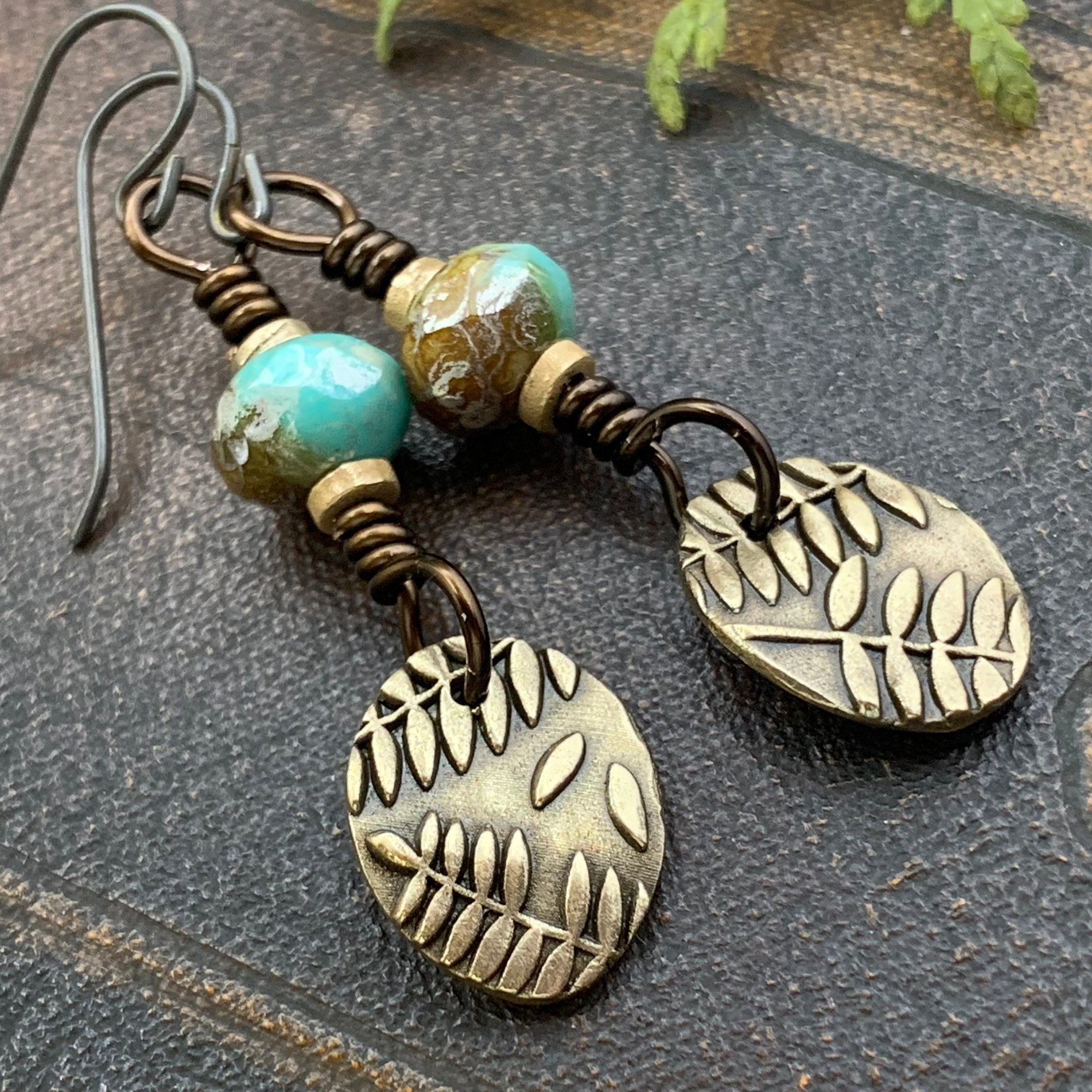 Fern Bronze Earrings, Light Dangle Earrings, Earthy Czech Glass Beads, Hypoallergenic Ear Wires, Botanical Green Witch, Soul Harbor Jewelry