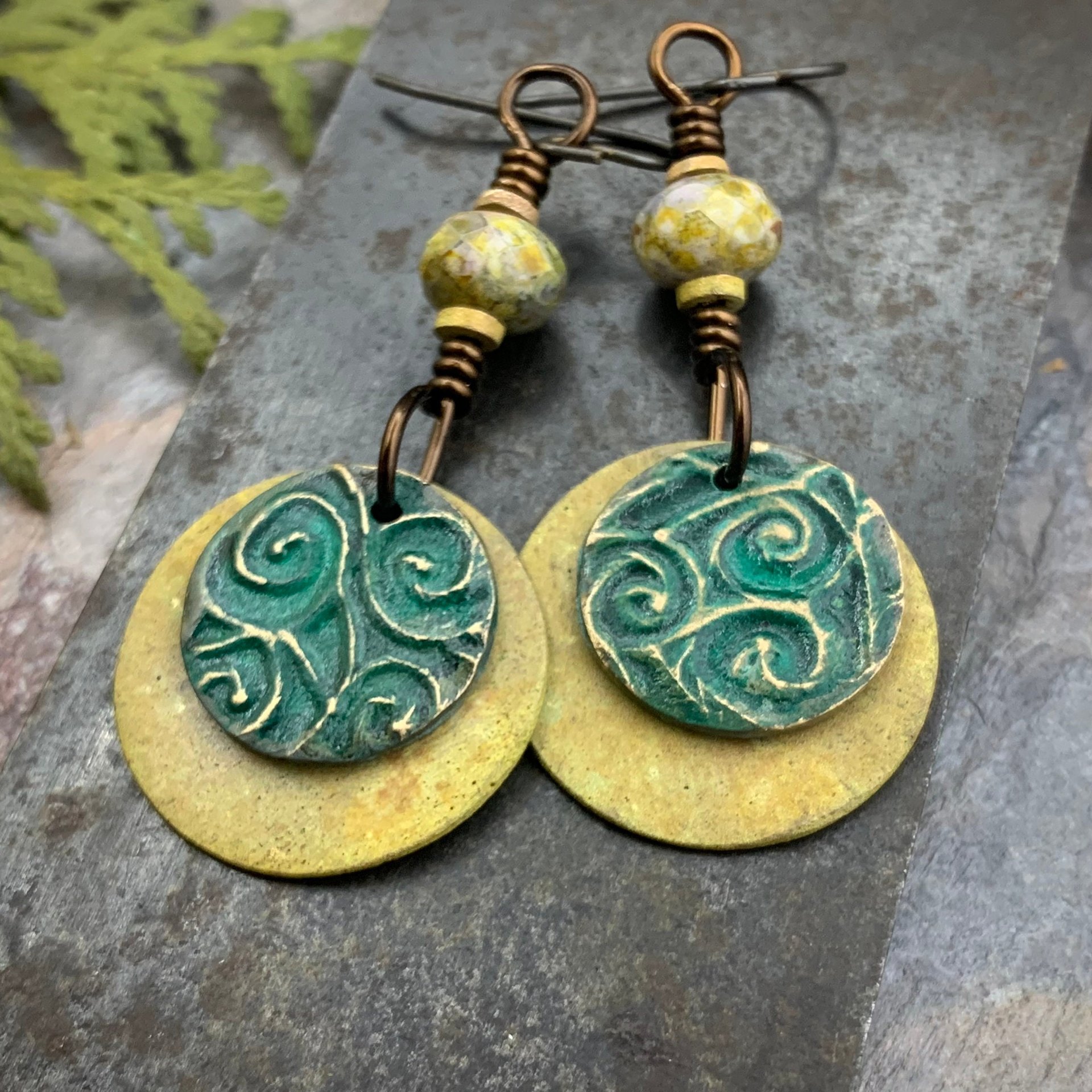 Bronze Layered Disc Earrings, Aqua Green Patina, Czech Glass Beads, Hypoallergenic Ear Wires, Celtic Spirals, Earthy Tribal, Boho Chic Style