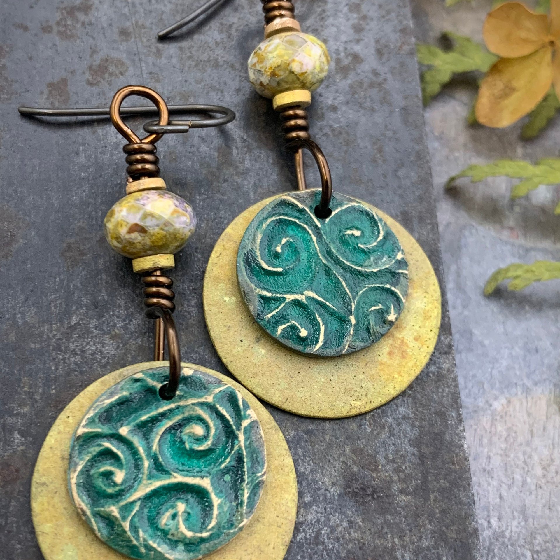 Bronze Layered Disc Earrings, Aqua Green Patina, Czech Glass Beads, Hypoallergenic Ear Wires, Celtic Spirals, Earthy Tribal, Boho Chic Style