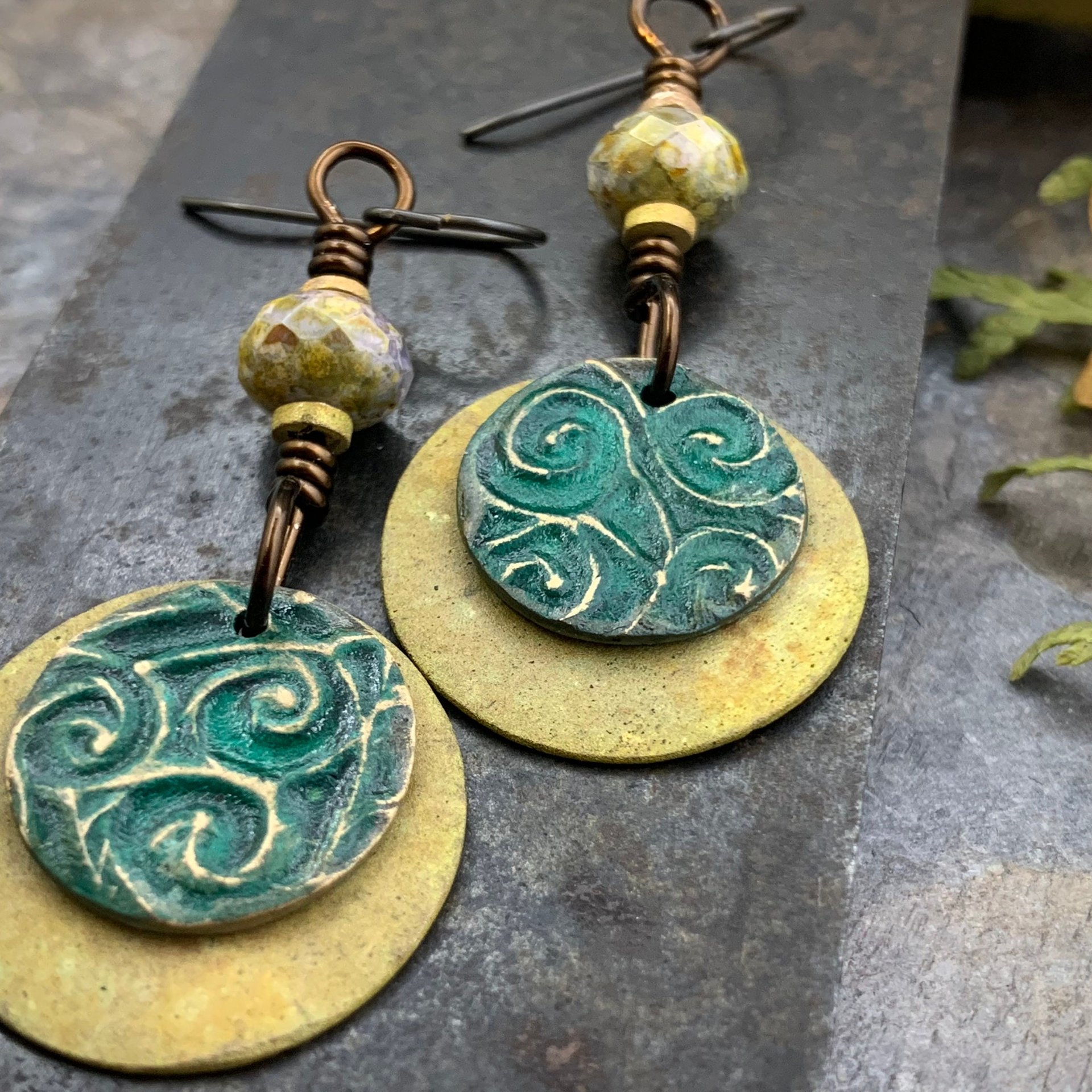 Bronze Layered Disc Earrings, Aqua Green Patina, Czech Glass Beads, Hypoallergenic Ear Wires, Celtic Spirals, Earthy Tribal, Boho Chic Style