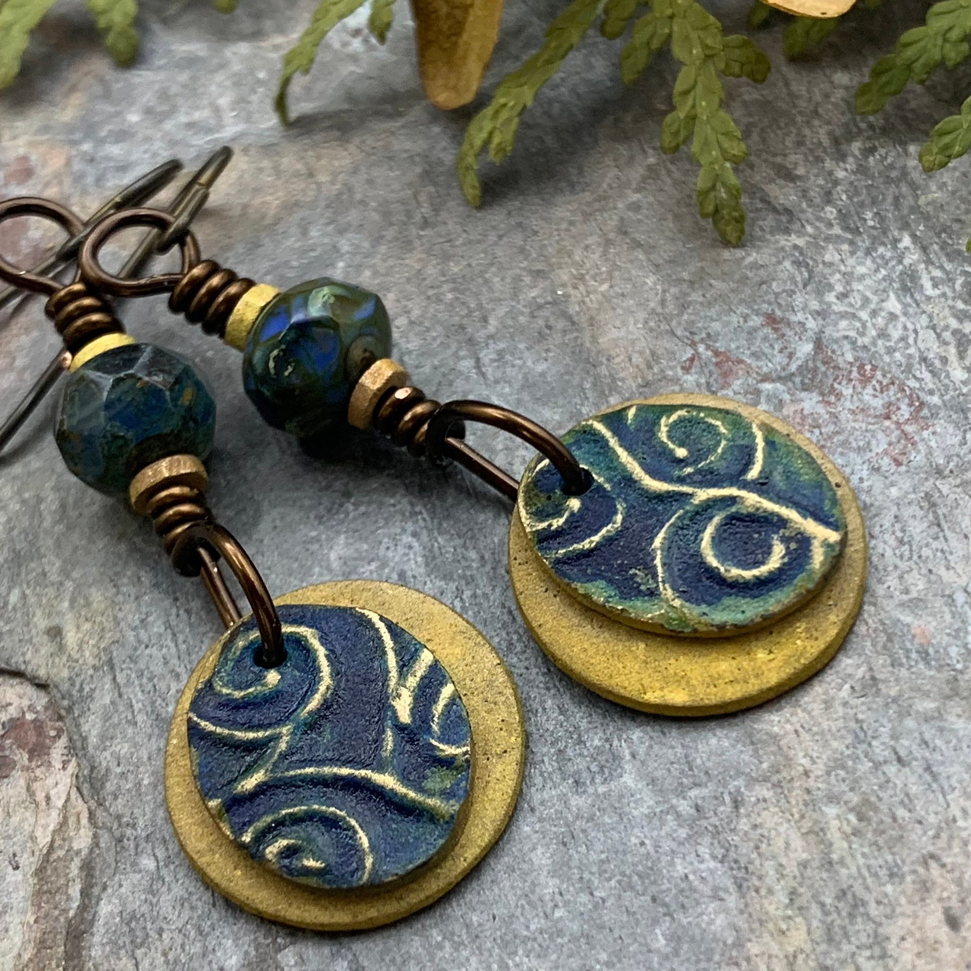 Bronze Layered Disc Earrings, Deep Blue Patina, Czech Glass Beads, Hypoallergenic Ear Wires, Celtic Spirals, Earthy Tribal, Boho Chic Style