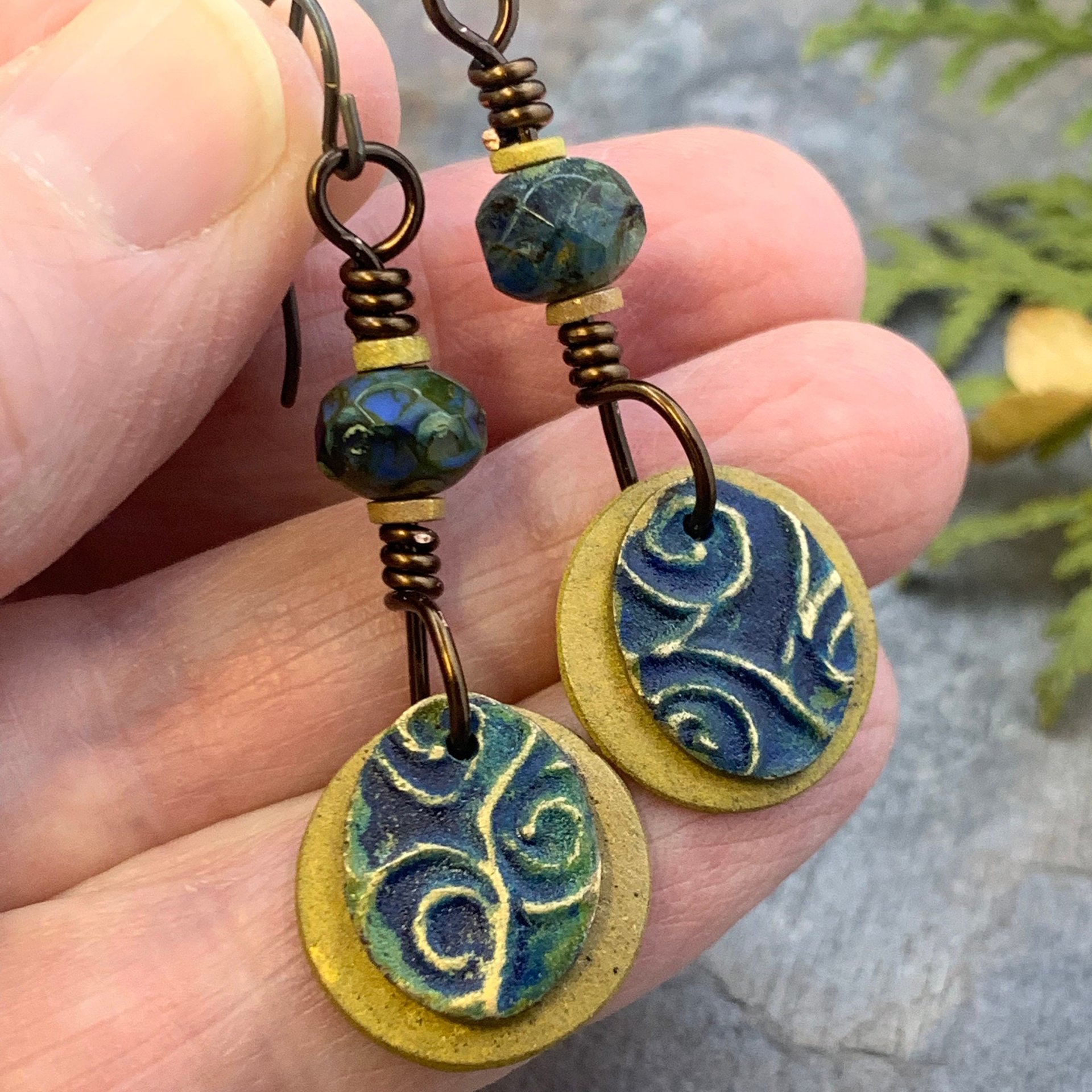 Bronze Layered Disc Earrings, Deep Blue Patina, Czech Glass Beads, Hypoallergenic Ear Wires, Celtic Spirals, Earthy Tribal, Boho Chic Style