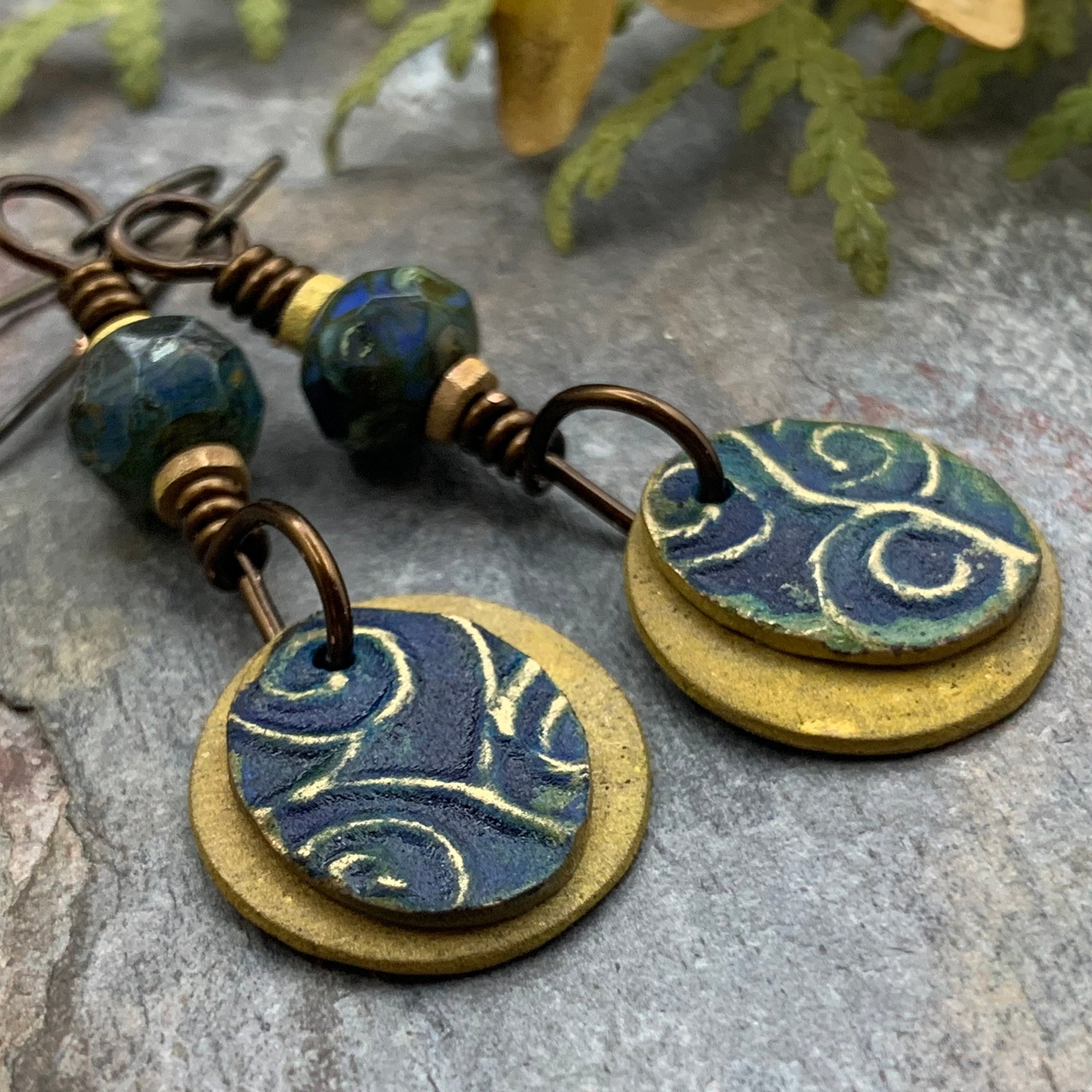 Bronze Layered Disc Earrings, Deep Blue Patina, Czech Glass Beads, Hypoallergenic Ear Wires, Celtic Spirals, Earthy Tribal, Boho Chic Style