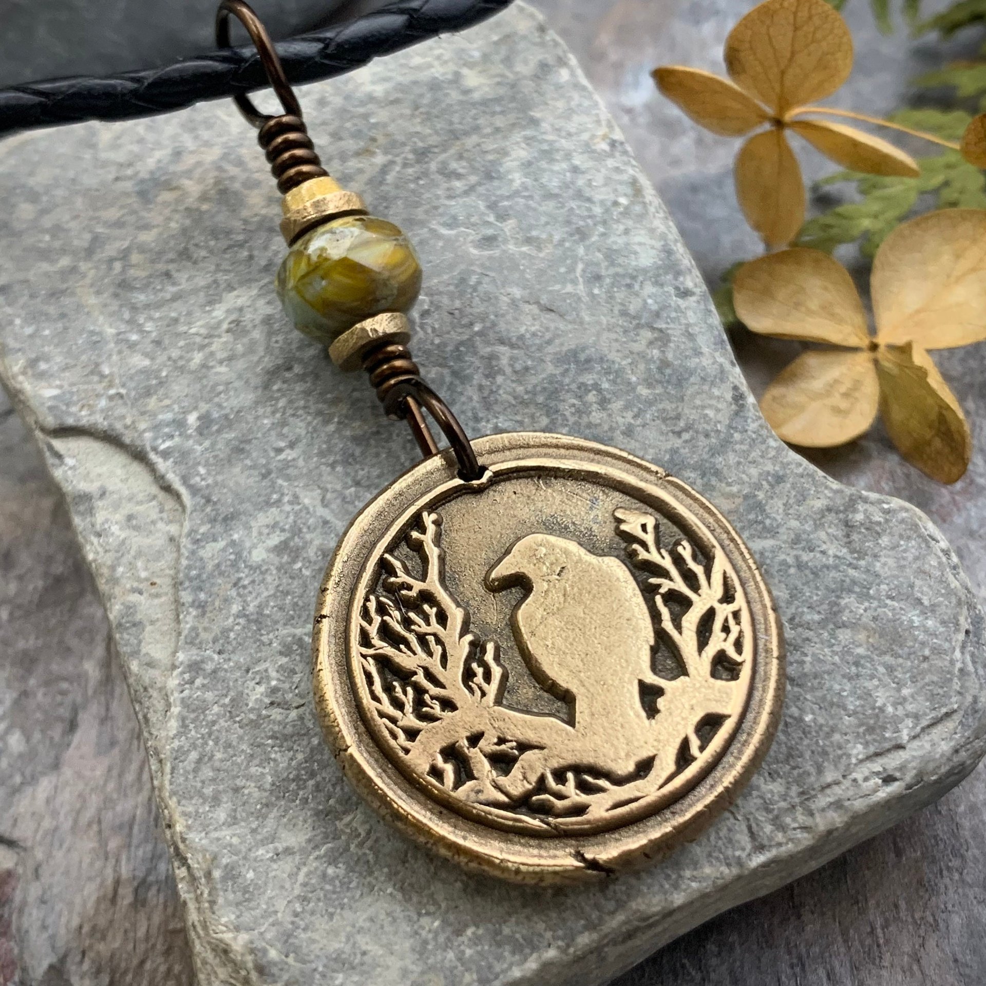 Raven Bronze Pendant, Czech Glass Bead, Tree Branches, Leather & Vegan Cords, Raven Silhouette, Celtic Goddess Witch, Pagan Earthy Jewelry