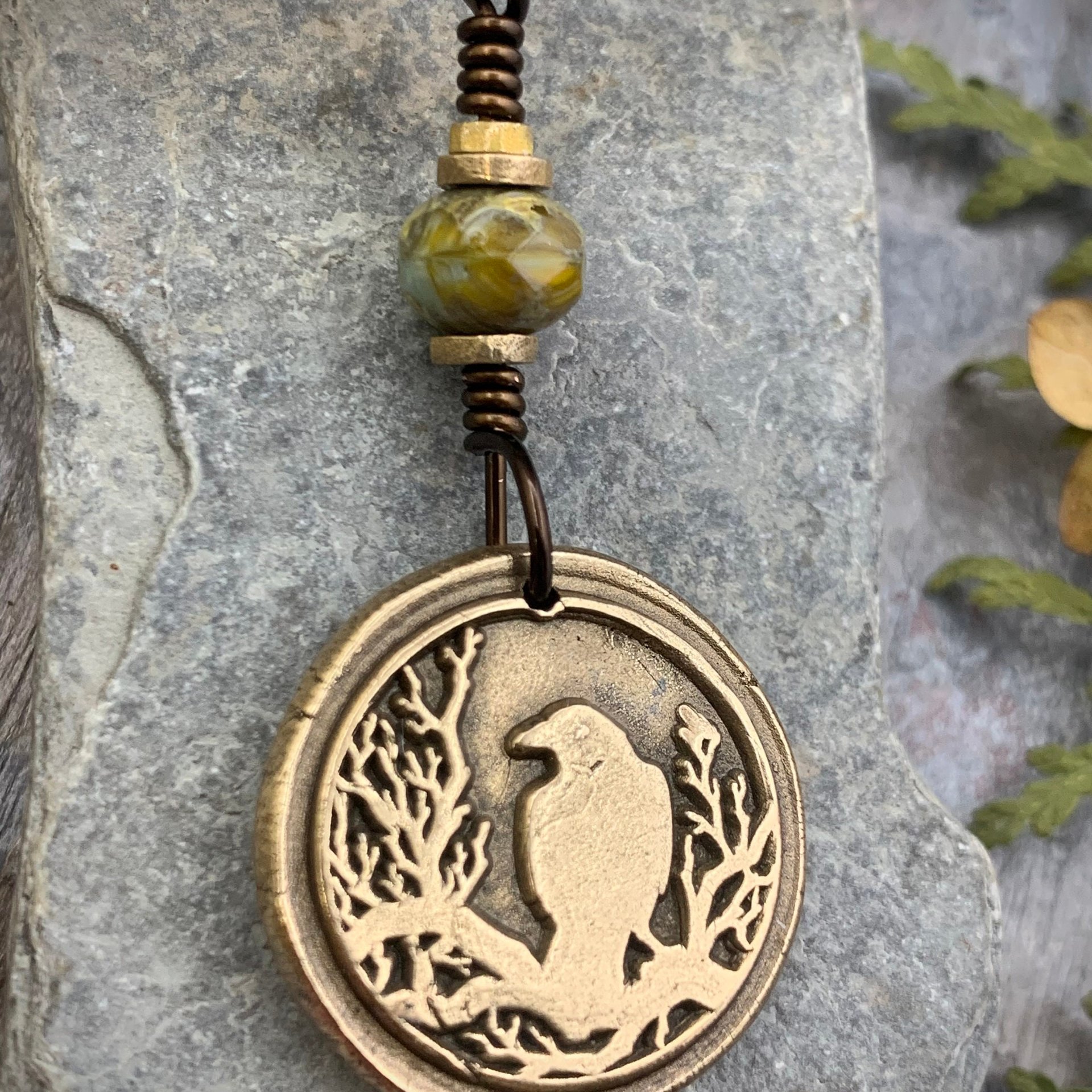 Raven Bronze Pendant, Czech Glass Bead, Tree Branches, Leather & Vegan Cords, Raven Silhouette, Celtic Goddess Witch, Pagan Earthy Jewelry