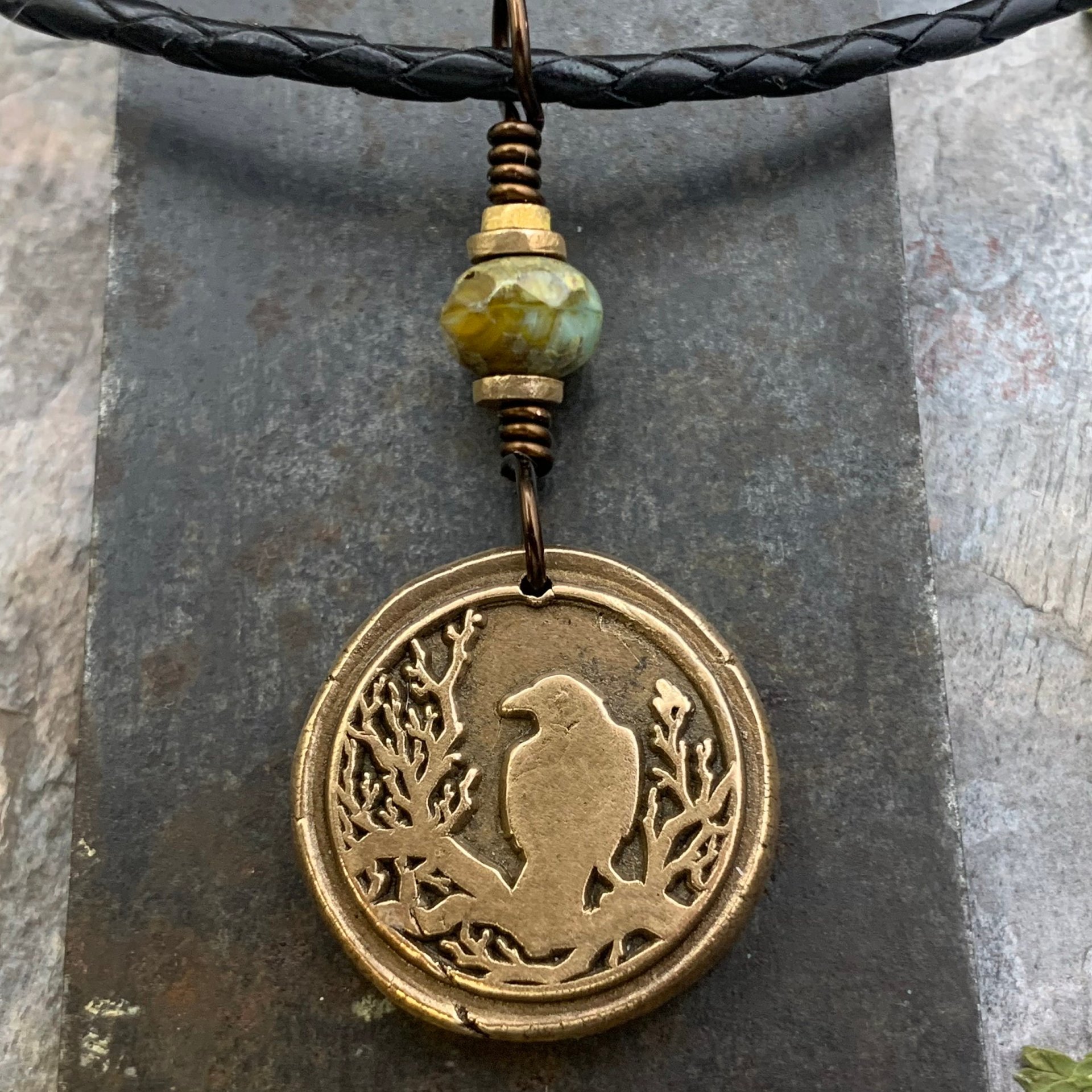 Raven Bronze Pendant, Czech Glass Bead, Tree Branches, Leather & Vegan Cords, Raven Silhouette, Celtic Goddess Witch, Pagan Earthy Jewelry