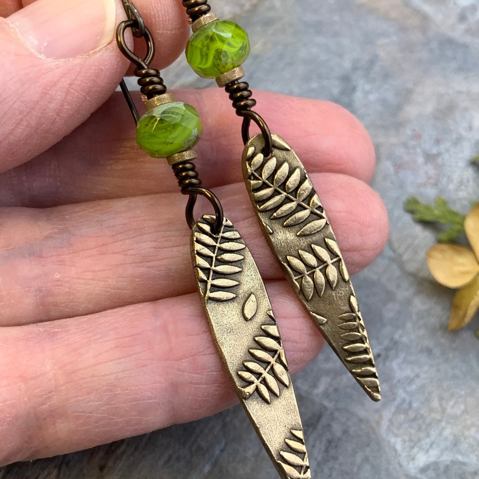 Fern Bronze Earrings, Teardrop Shield, Botanical Earthy, Green Witch, Hypoallergenic Ear Wires, Green Czech Glass, Handmade Art Jewelry
