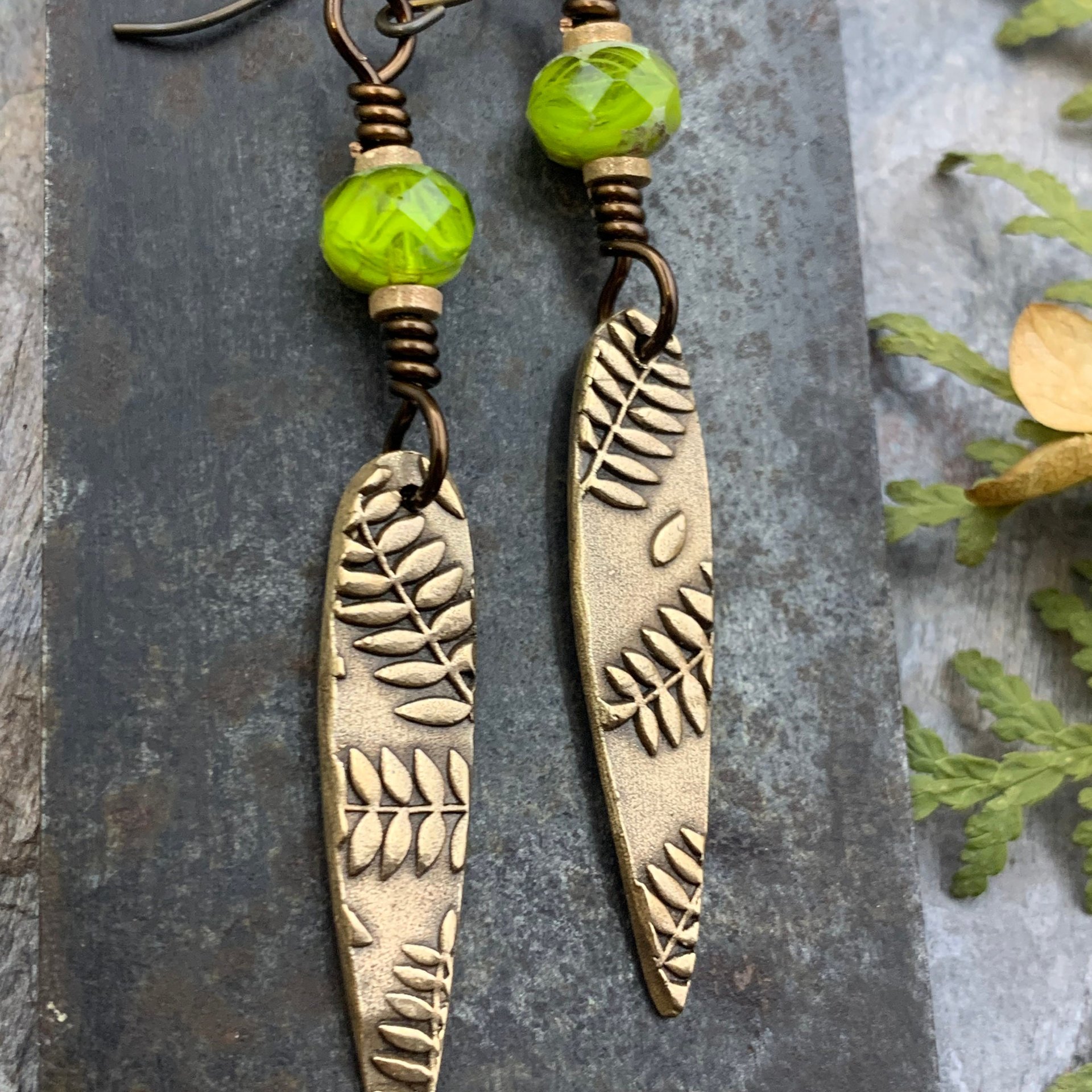 Fern Bronze Earrings, Teardrop Shield, Botanical Earthy, Green Witch, Hypoallergenic Ear Wires, Green Czech Glass, Handmade Art Jewelry