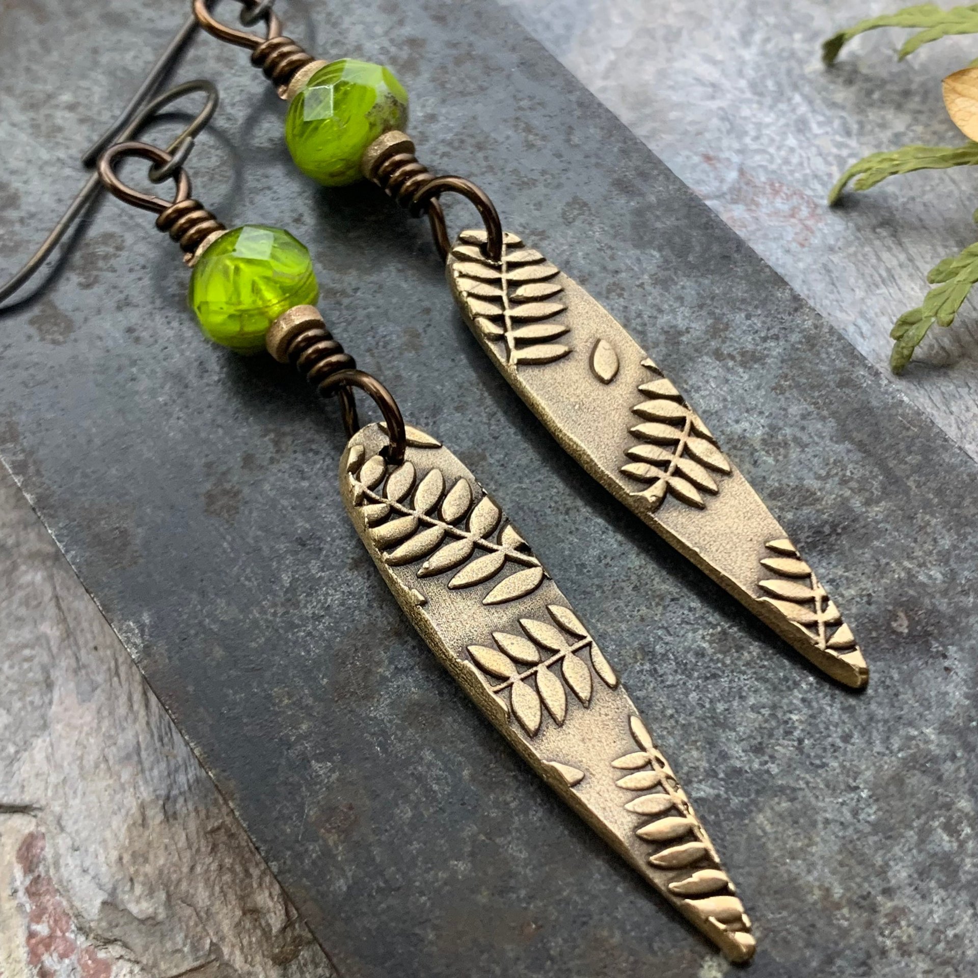 Fern Bronze Earrings, Teardrop Shield, Botanical Earthy, Green Witch, Hypoallergenic Ear Wires, Green Czech Glass, Handmade Art Jewelry