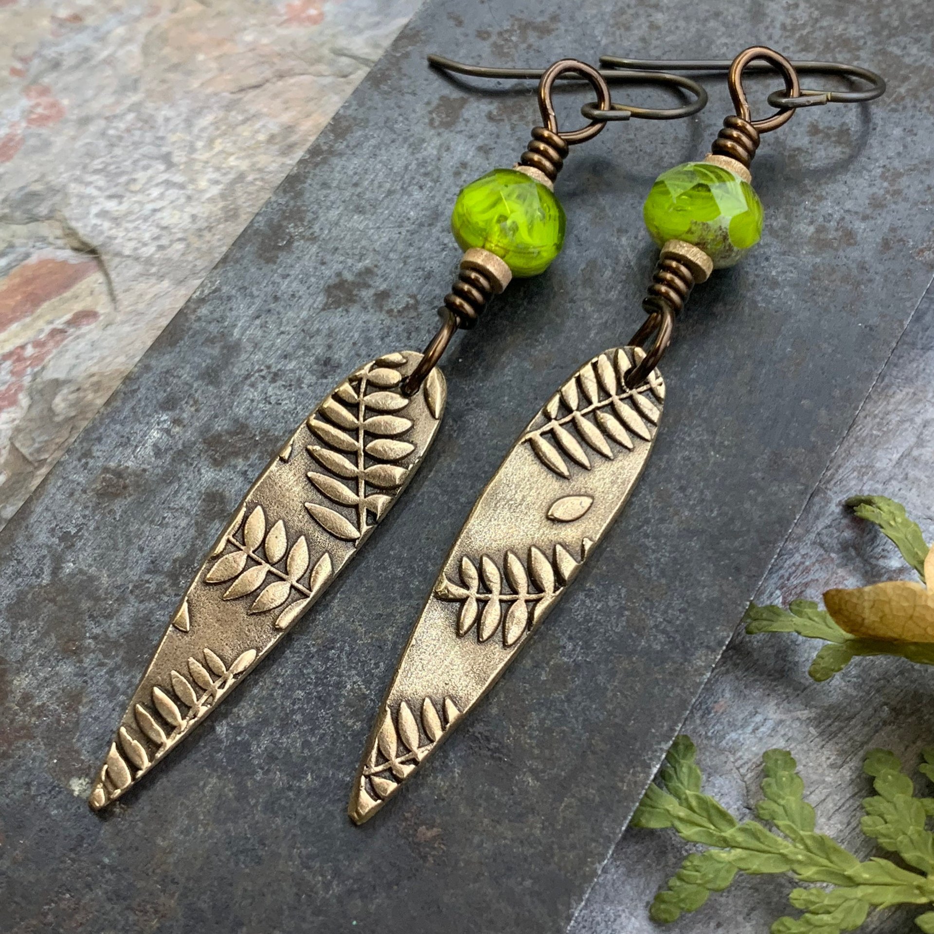 Fern Bronze Earrings, Teardrop Shield, Botanical Earthy, Green Witch, Hypoallergenic Ear Wires, Green Czech Glass, Handmade Art Jewelry