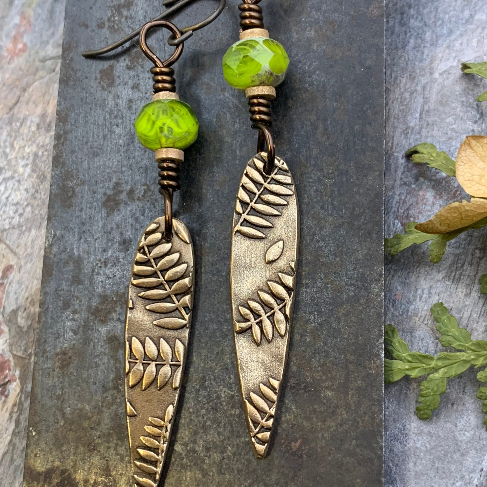 Fern Bronze Earrings, Teardrop Shield, Botanical Earthy, Green Witch, Hypoallergenic Ear Wires, Green Czech Glass, Handmade Art Jewelry