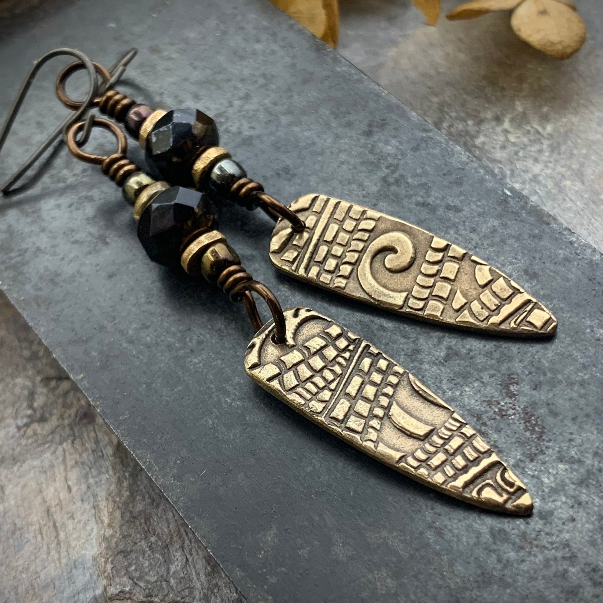 Bronze Dagger Earrings, Tribal Spiral Texture, Czech Glass Beads, Hypoallergenic Ear Wires, Light Dangle Earrings, Teardrop Shield, Handmade