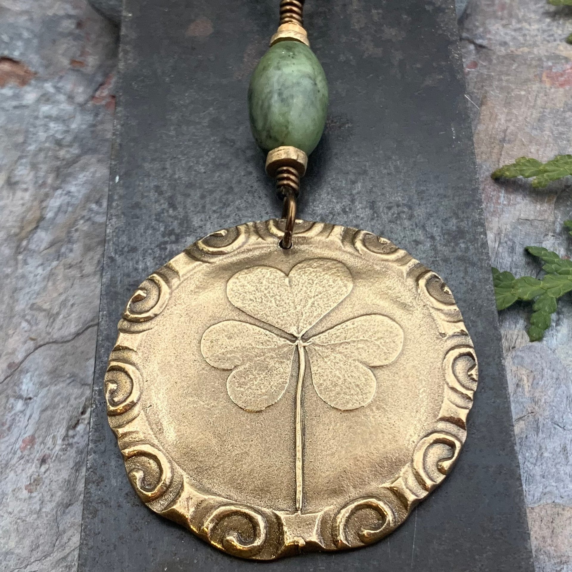 Shamrock Pendant, Connemara Marble Necklace, Irish Celtic Spirals, Bronze 8th Anniversary, Irish Clover, Leather Vegan Cords, Antiqued Chain