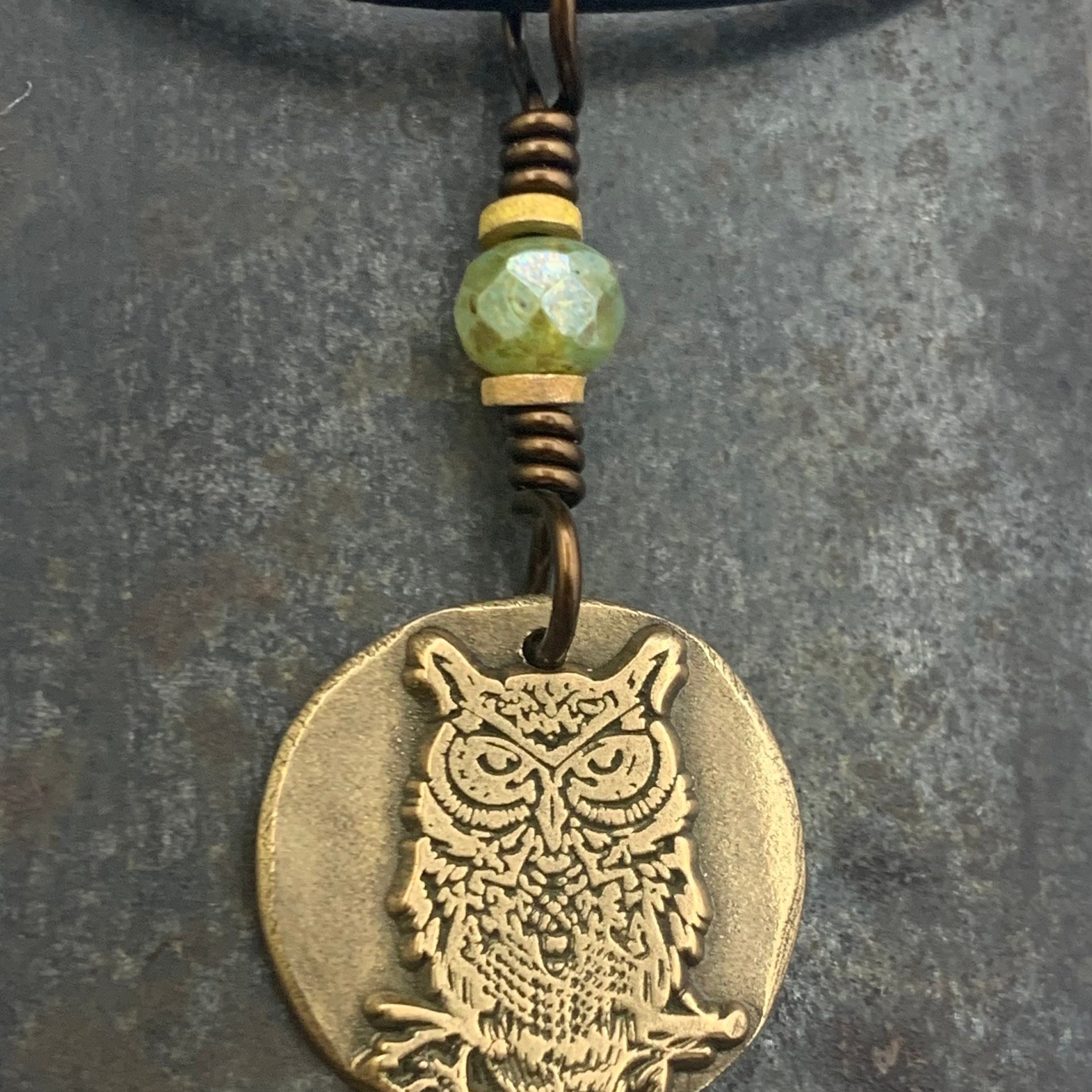 Bronze Owl Charm, Irish Celtic, Owl Witch Necklace, Celtic Hag Crone, Leather & Vegan Cords, Handmade Art Jewelry, Soul Harbor Jewelry
