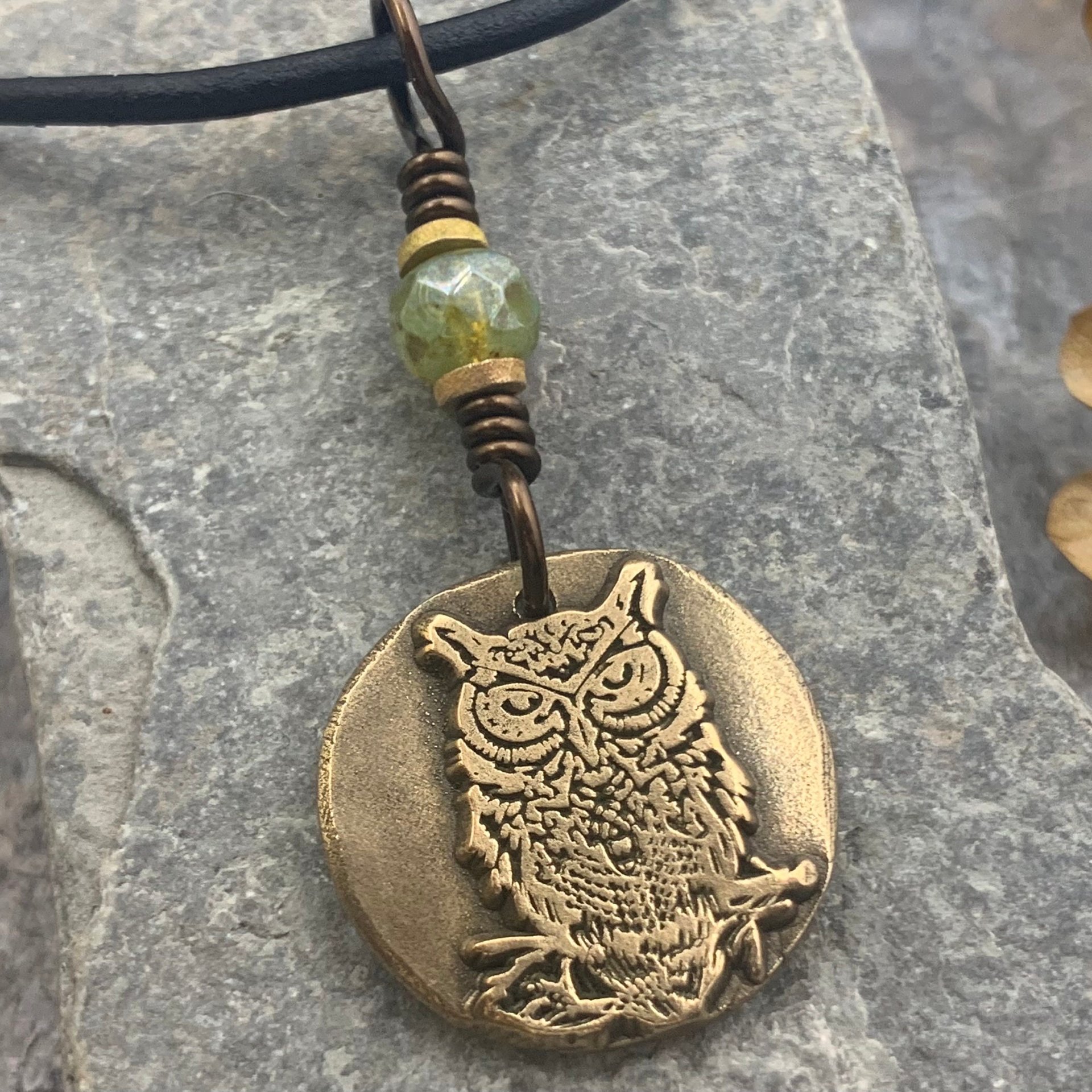 Bronze Owl Charm, Irish Celtic, Owl Witch Necklace, Celtic Hag Crone, Leather & Vegan Cords, Handmade Art Jewelry, Soul Harbor Jewelry