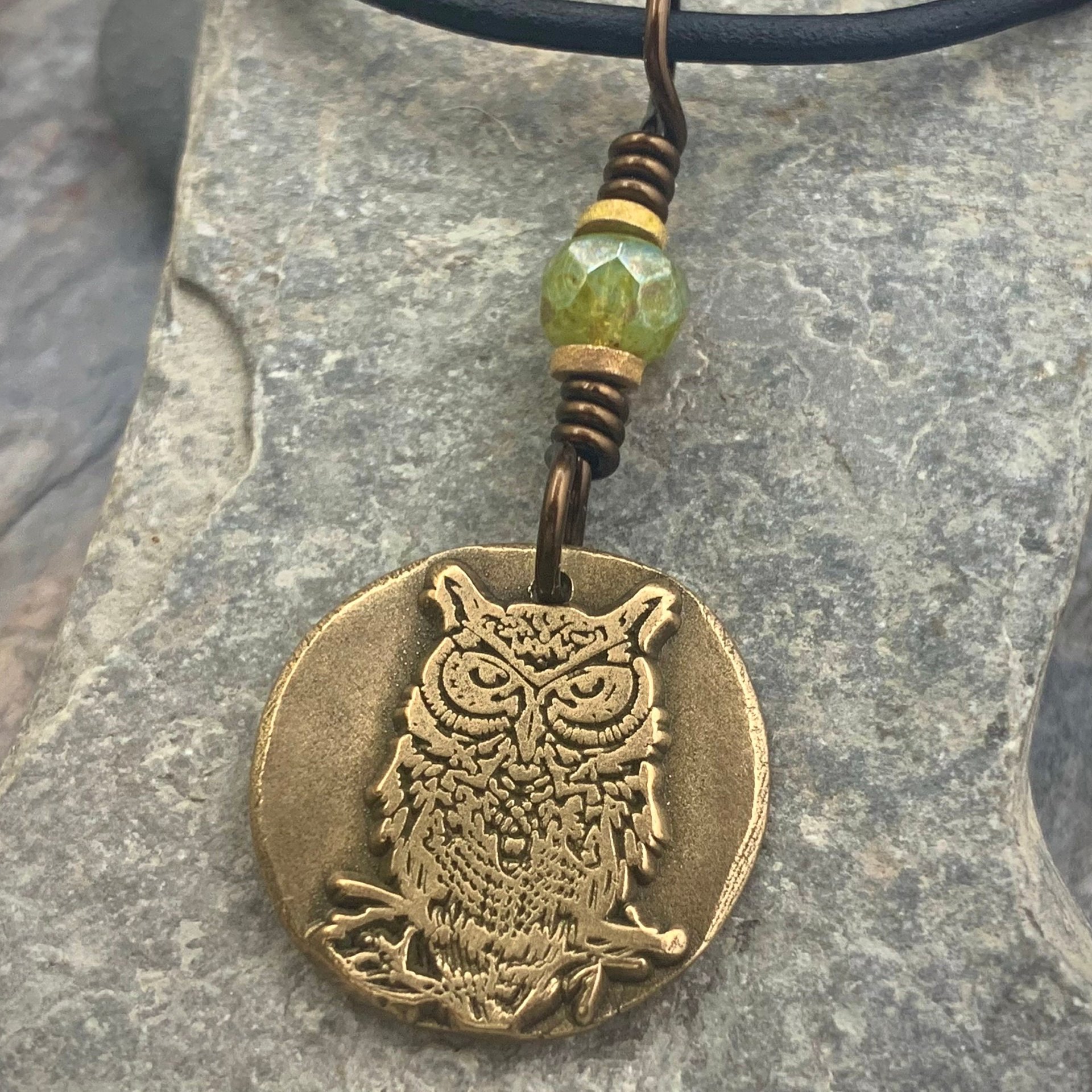 Bronze Owl Charm, Irish Celtic, Owl Witch Necklace, Celtic Hag Crone, Leather & Vegan Cords, Handmade Art Jewelry, Soul Harbor Jewelry