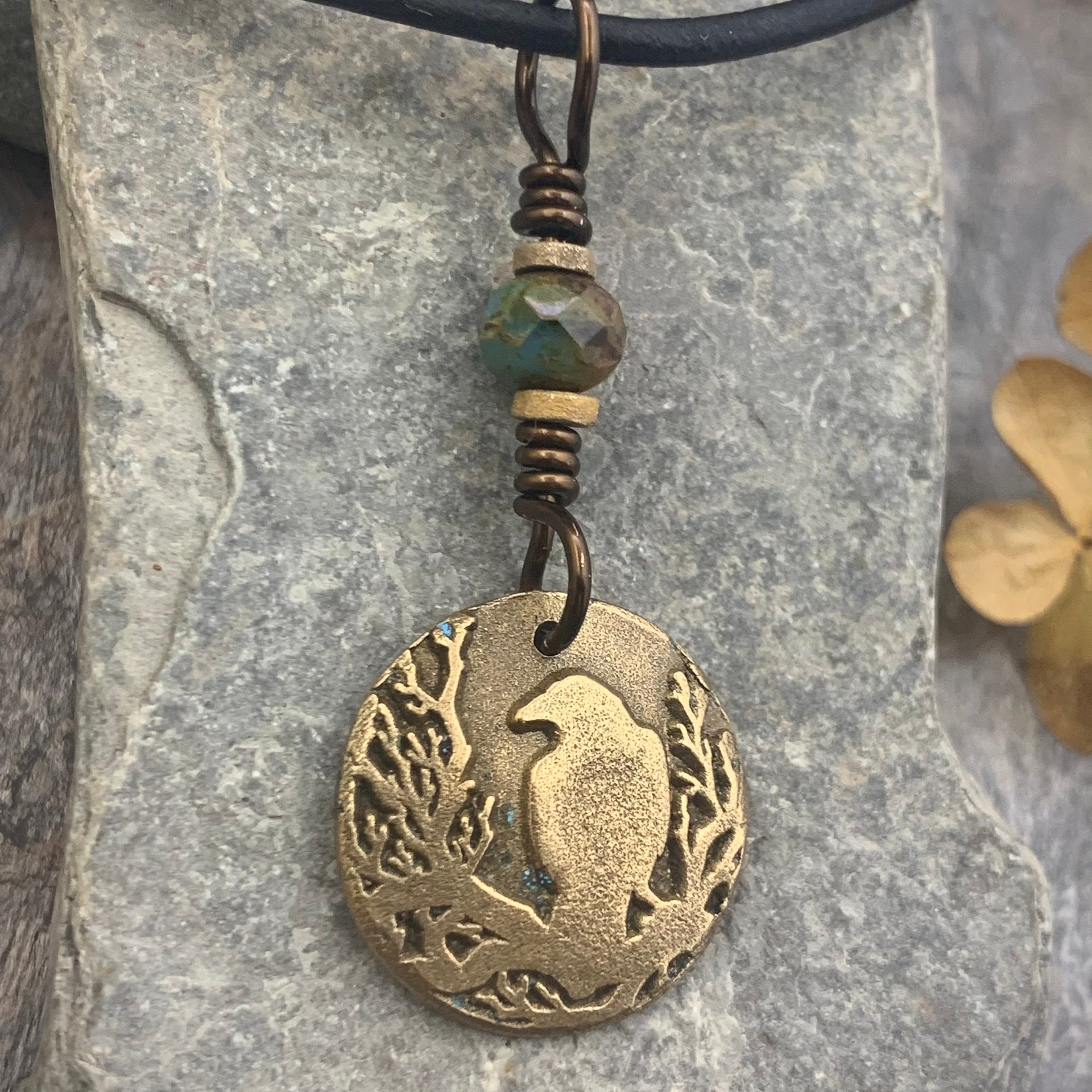 Raven Bronze Pendant, Czech Glass Bead, Tree Branches, Leather & Vegan Cords, Raven Silhouette, Celtic Goddess Witch, Pagan Earthy Jewelry