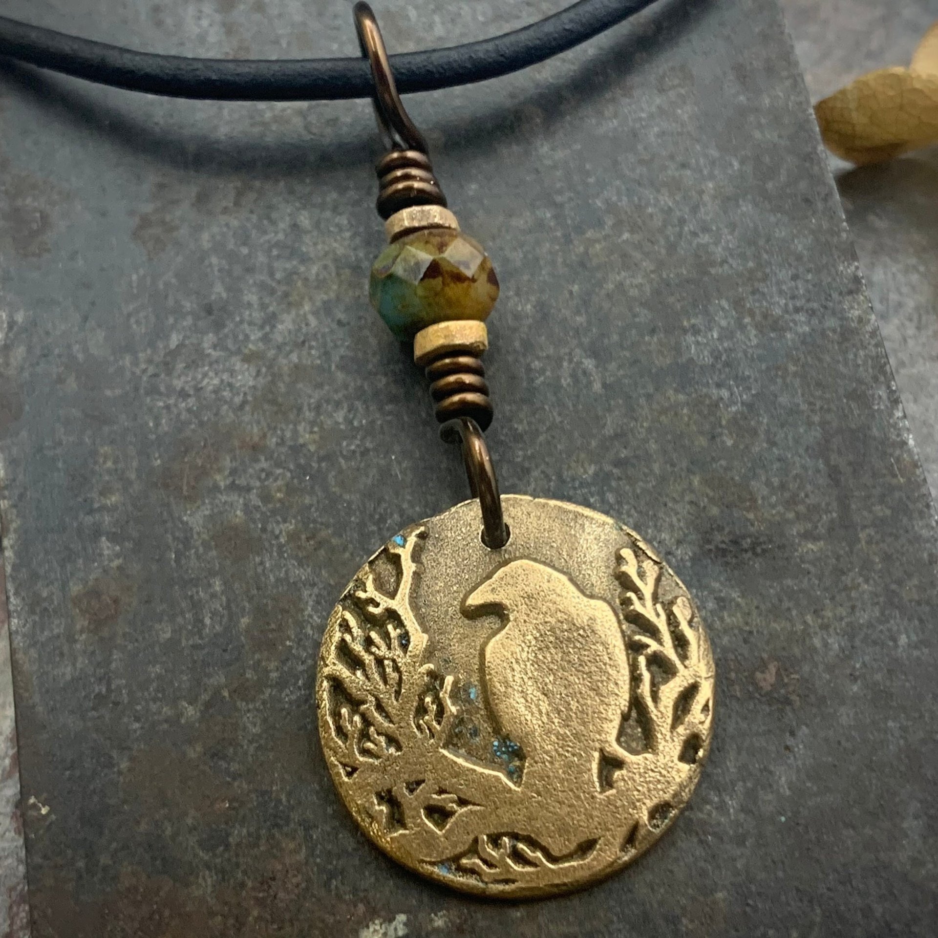 Raven Bronze Pendant, Czech Glass Bead, Tree Branches, Leather & Vegan Cords, Raven Silhouette, Celtic Goddess Witch, Pagan Earthy Jewelry