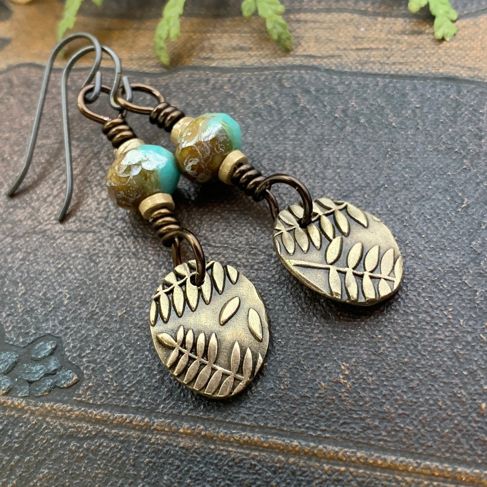 Fern Bronze Earrings, Light Dangle Earrings, Earthy Czech Glass Beads, Hypoallergenic Ear Wires, Botanical Green Witch, Soul Harbor Jewelry