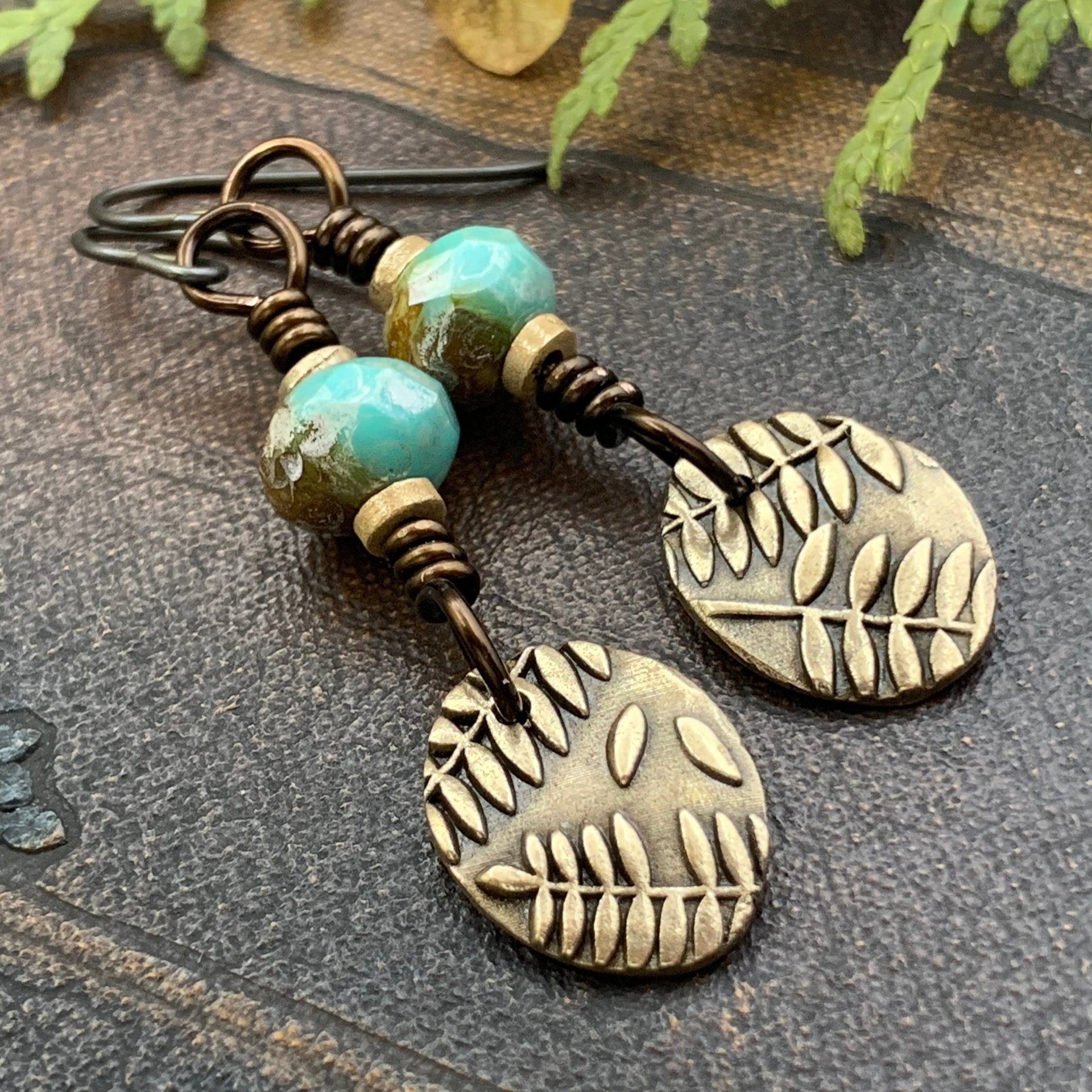Fern Bronze Earrings, Light Dangle Earrings, Earthy Czech Glass Beads, Hypoallergenic Ear Wires, Botanical Green Witch, Soul Harbor Jewelry