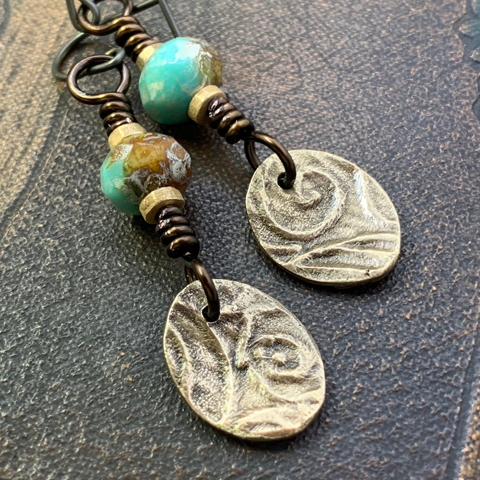 Fern Bronze Earrings, Light Dangle Earrings, Earthy Czech Glass Beads, Hypoallergenic Ear Wires, Botanical Green Witch, Soul Harbor Jewelry