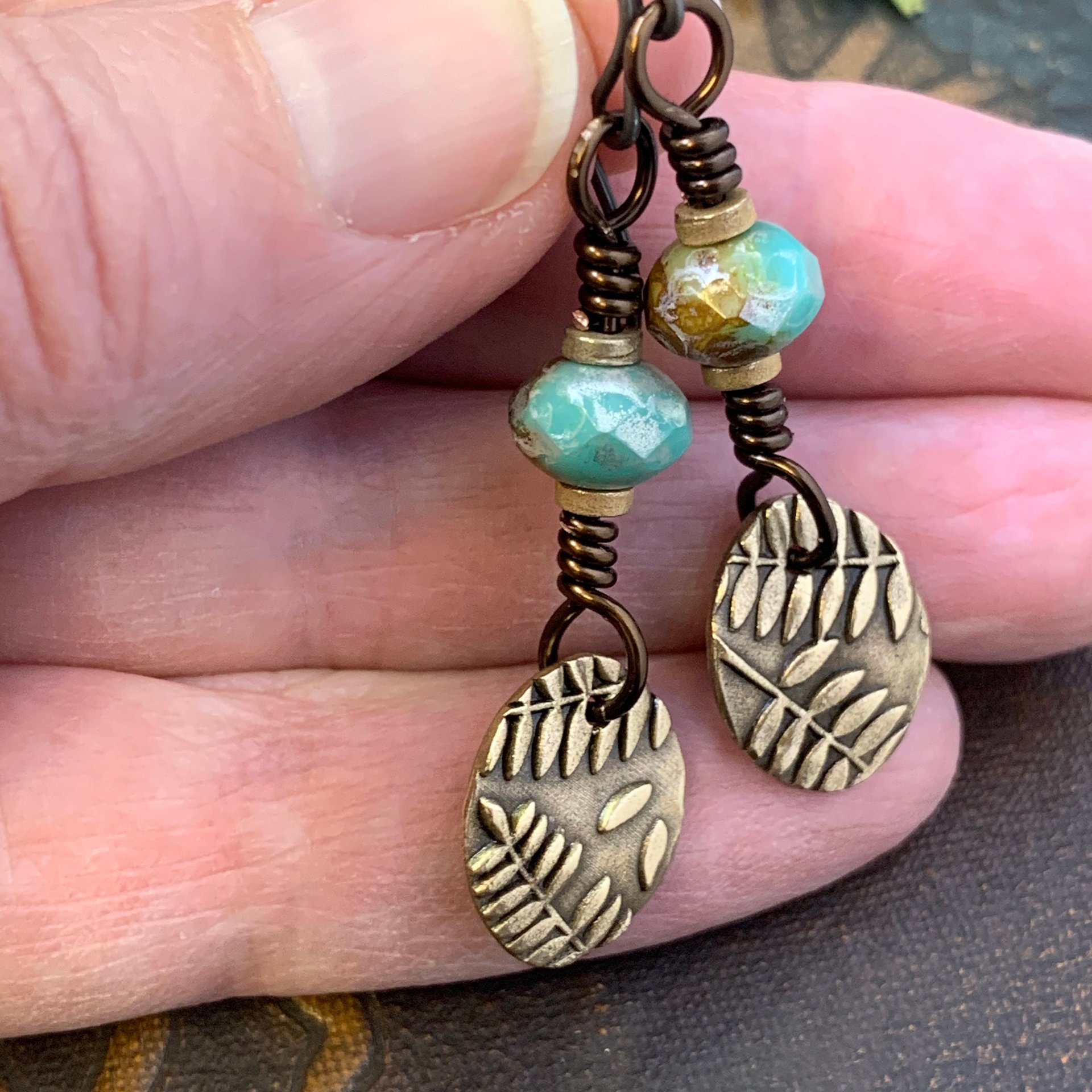 Fern Bronze Earrings, Light Dangle Earrings, Earthy Czech Glass Beads, Hypoallergenic Ear Wires, Botanical Green Witch, Soul Harbor Jewelry