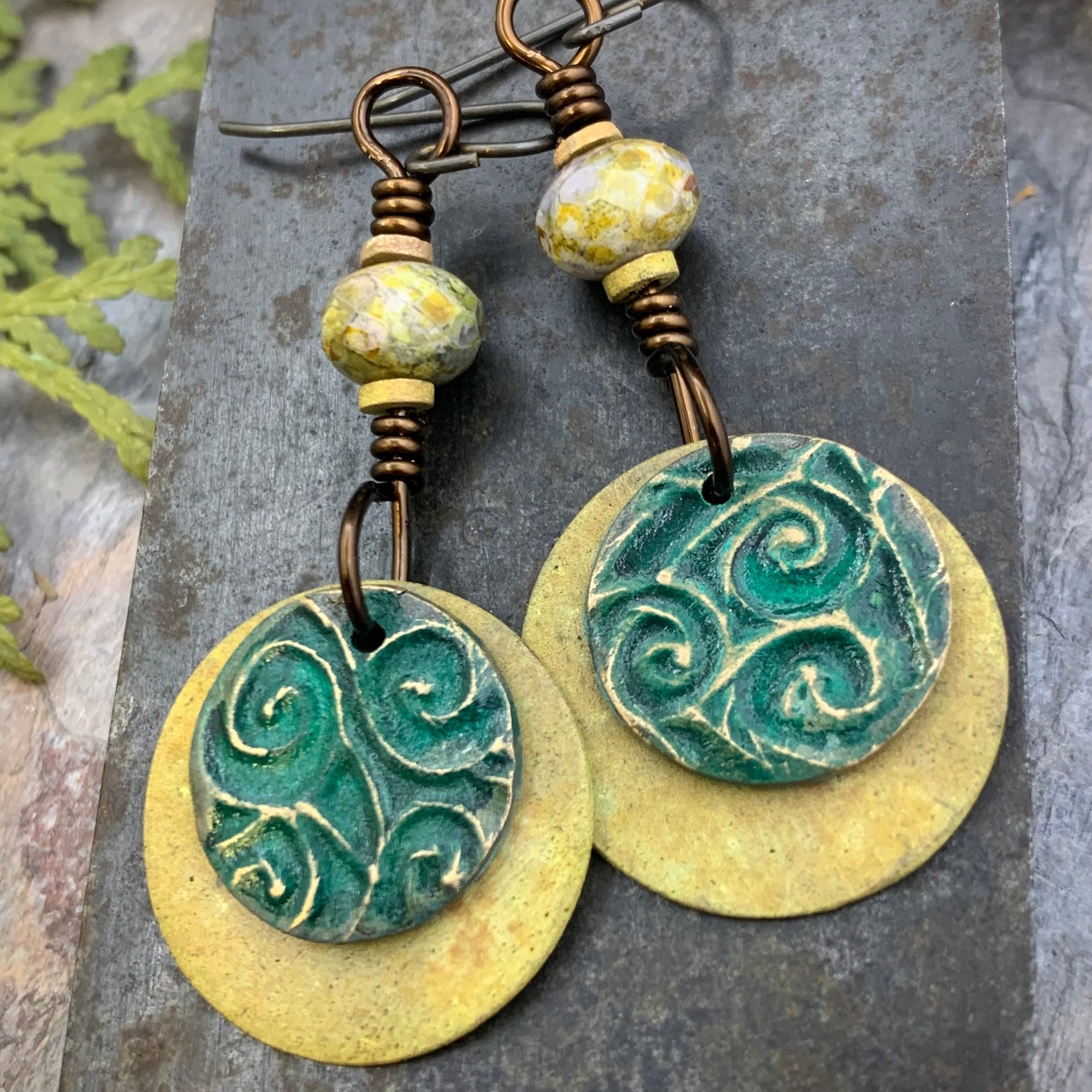 Bronze Layered Disc Earrings, Aqua Green Patina, Czech Glass Beads, Hypoallergenic Ear Wires, Celtic Spirals, Earthy Tribal, Boho Chic Style