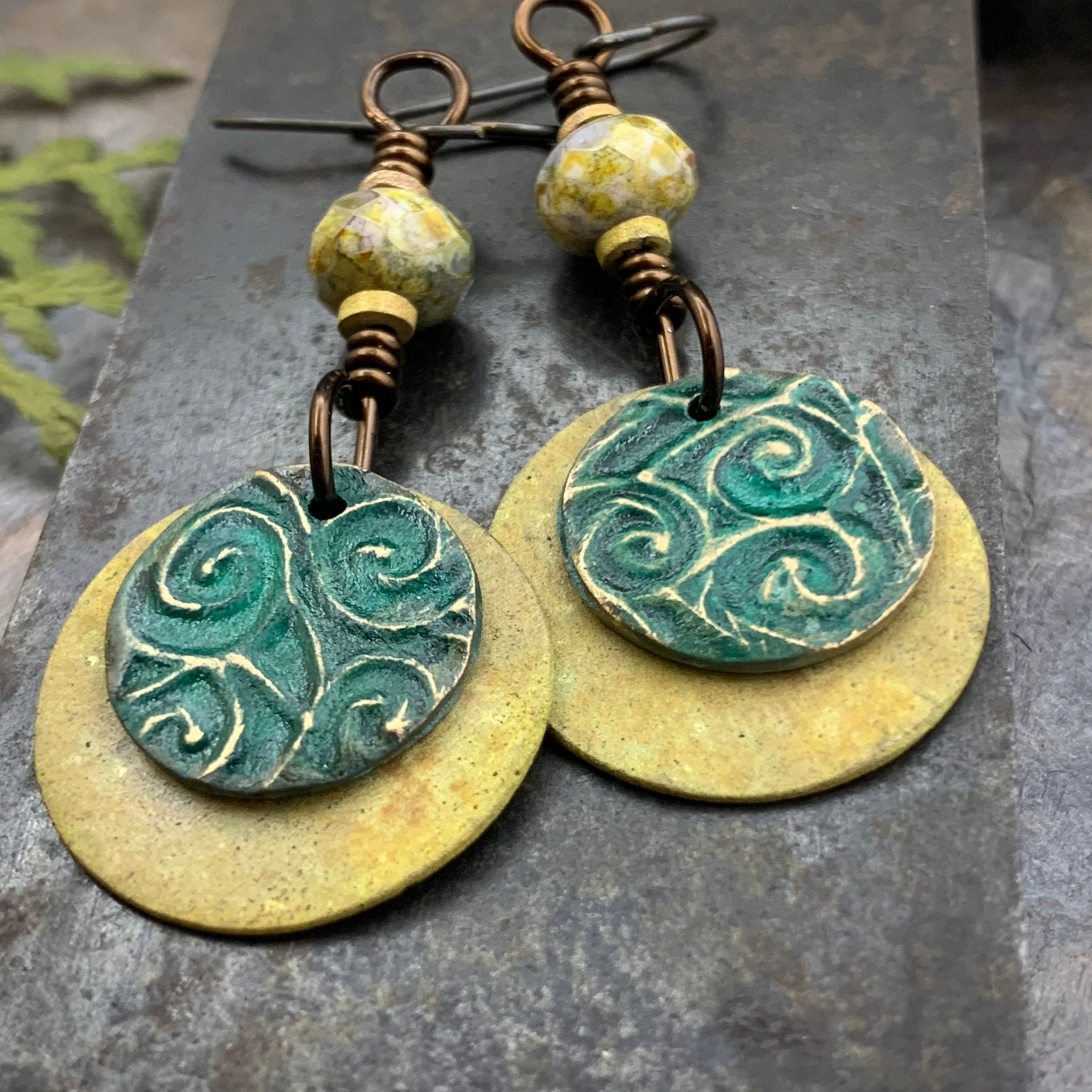 Bronze Layered Disc Earrings, Aqua Green Patina, Czech Glass Beads, Hypoallergenic Ear Wires, Celtic Spirals, Earthy Tribal, Boho Chic Style