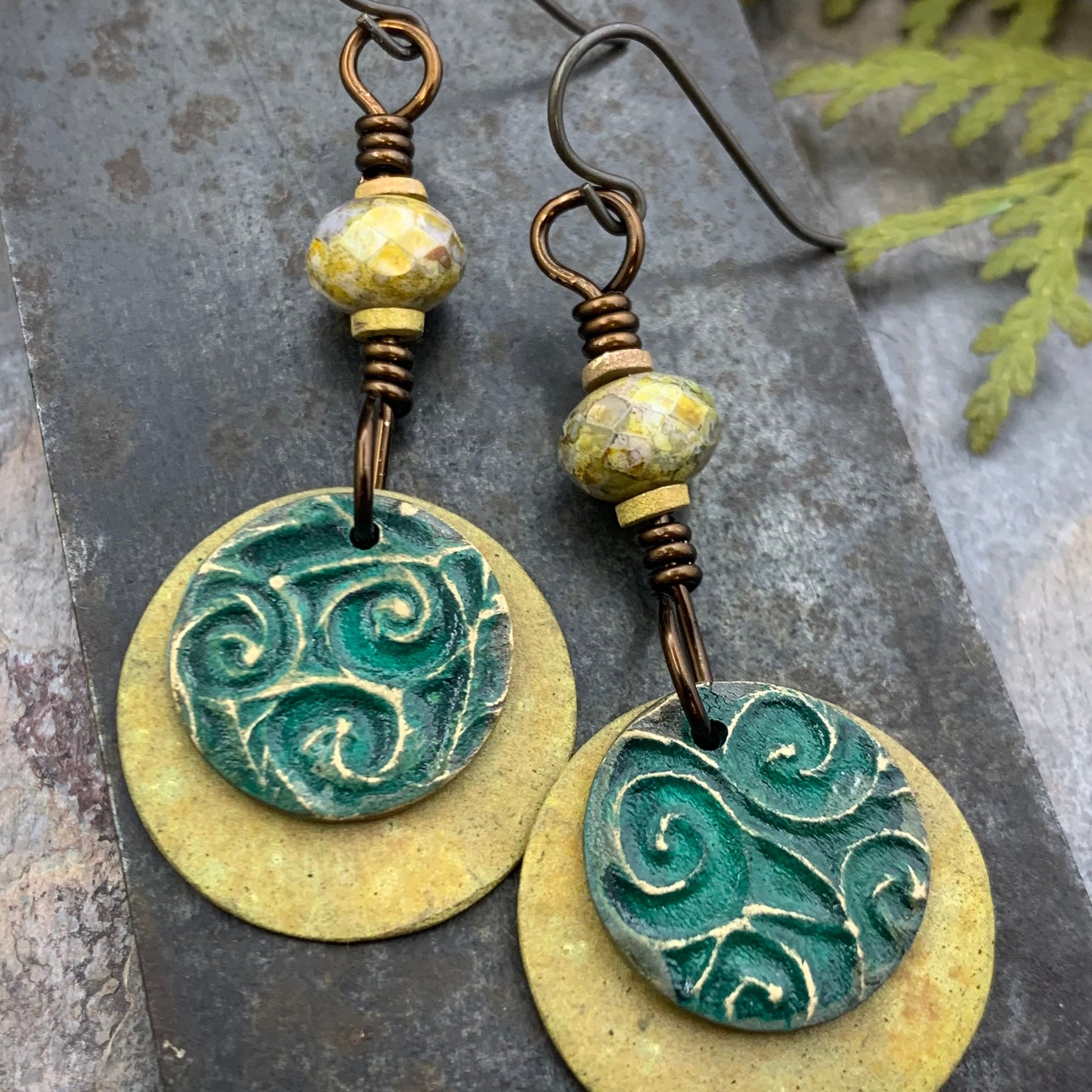 Bronze Layered Disc Earrings, Aqua Green Patina, Czech Glass Beads, Hypoallergenic Ear Wires, Celtic Spirals, Earthy Tribal, Boho Chic Style