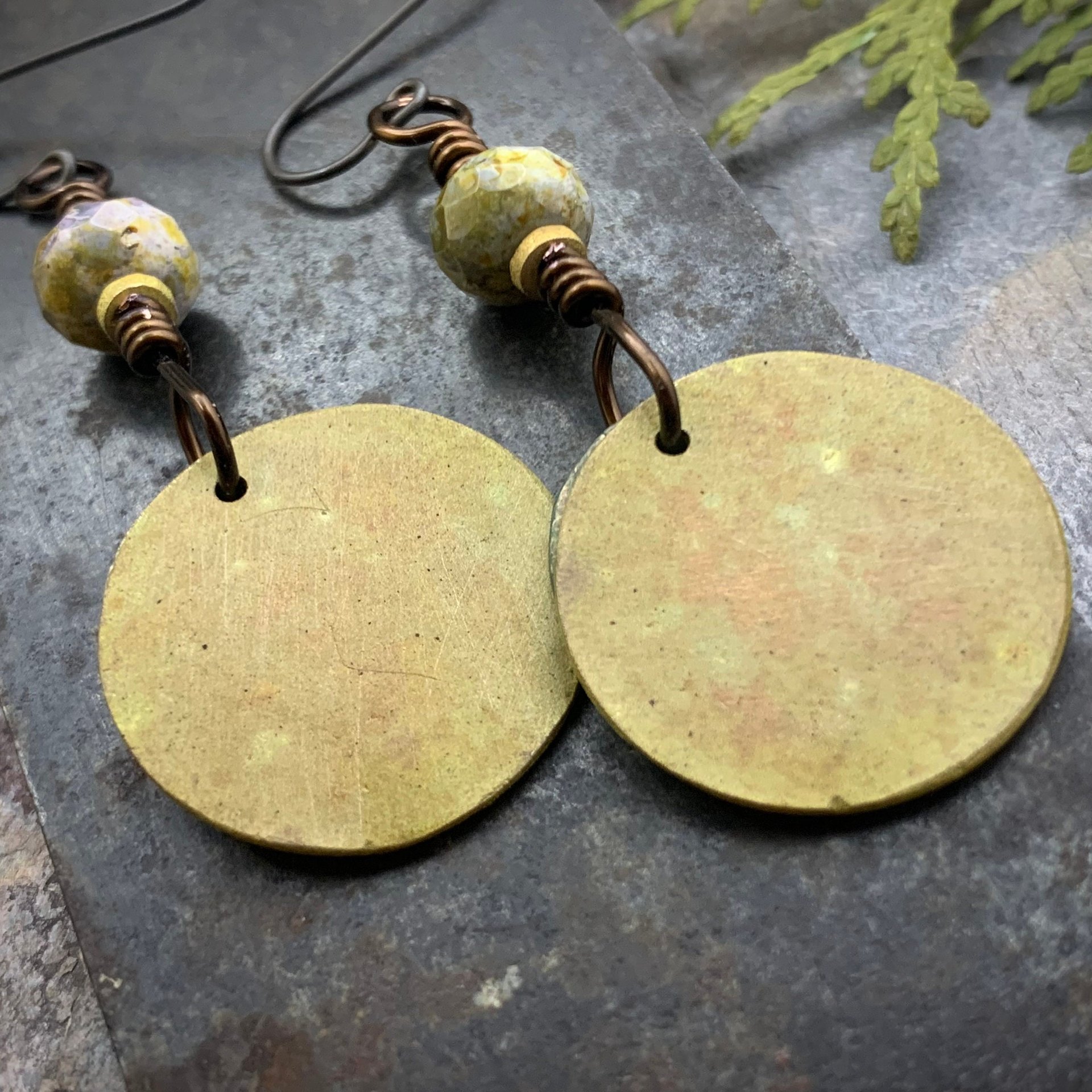 Bronze Layered Disc Earrings, Aqua Green Patina, Czech Glass Beads, Hypoallergenic Ear Wires, Celtic Spirals, Earthy Tribal, Boho Chic Style