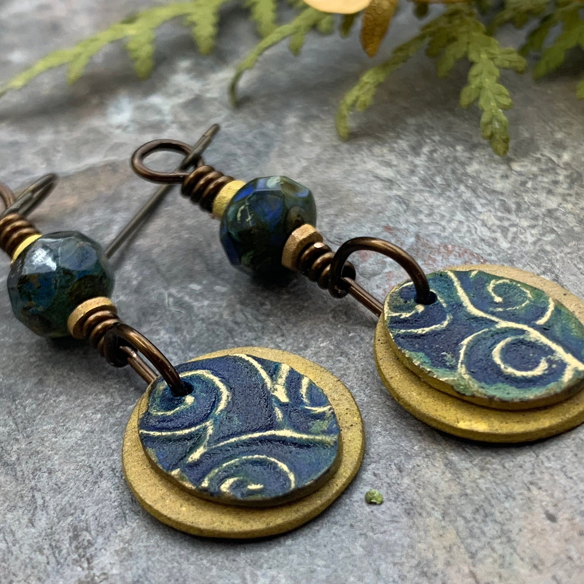 Bronze Layered Disc Earrings, Deep Blue Patina, Czech Glass Beads, Hypoallergenic Ear Wires, Celtic Spirals, Earthy Tribal, Boho Chic Style