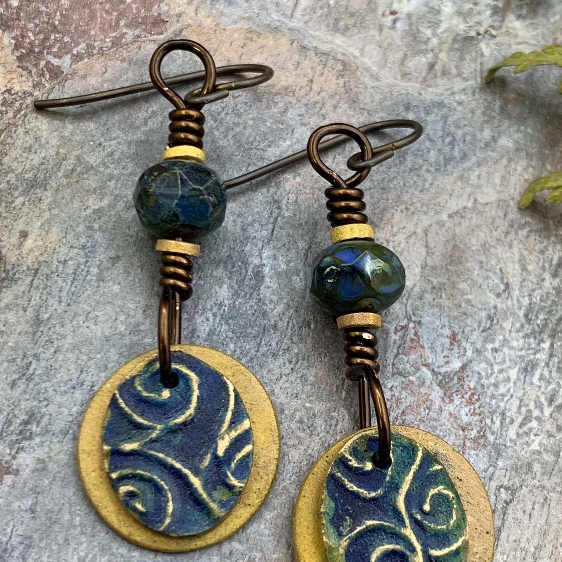 Bronze Layered Disc Earrings, Deep Blue Patina, Czech Glass Beads, Hypoallergenic Ear Wires, Celtic Spirals, Earthy Tribal, Boho Chic Style
