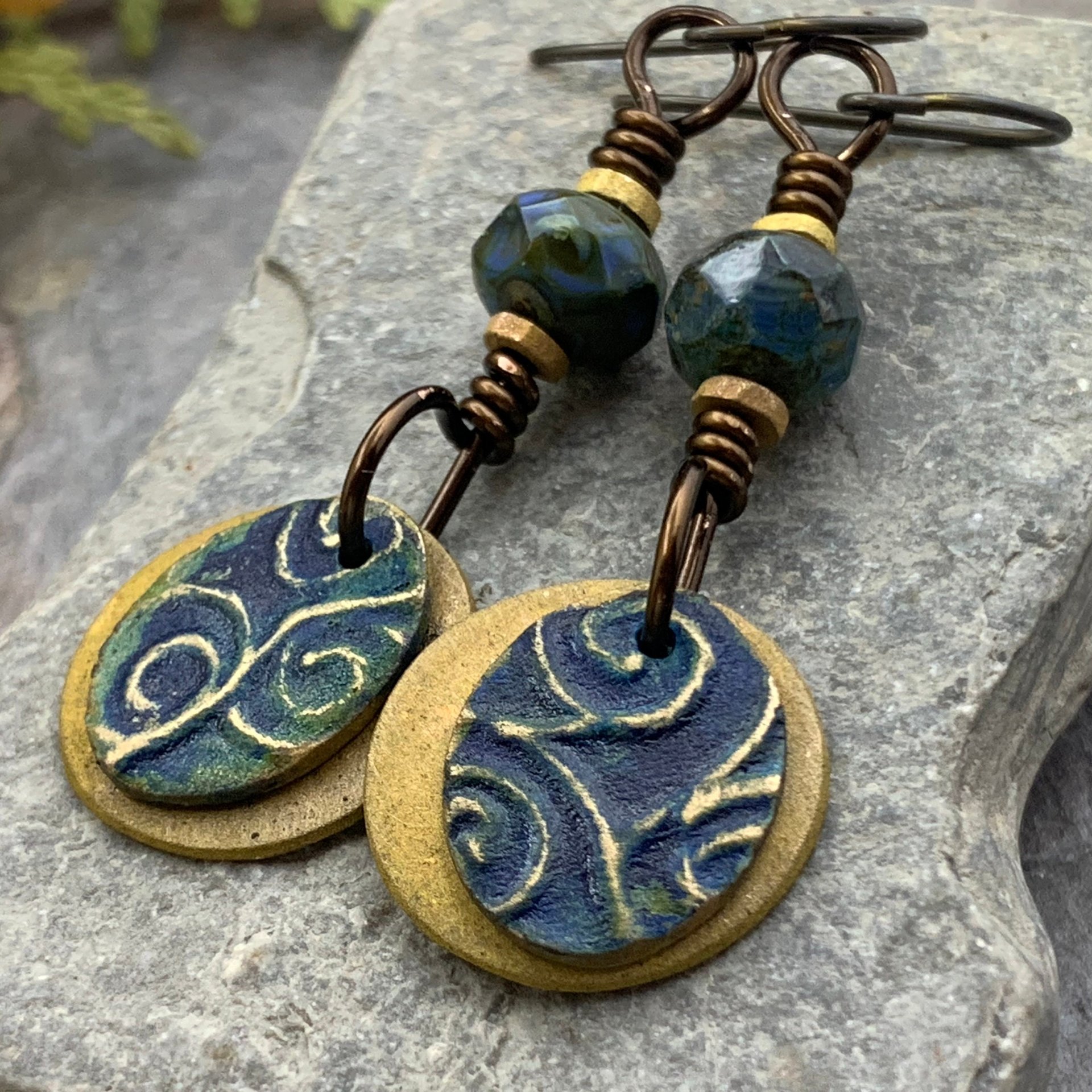 Bronze Layered Disc Earrings, Deep Blue Patina, Czech Glass Beads, Hypoallergenic Ear Wires, Celtic Spirals, Earthy Tribal, Boho Chic Style
