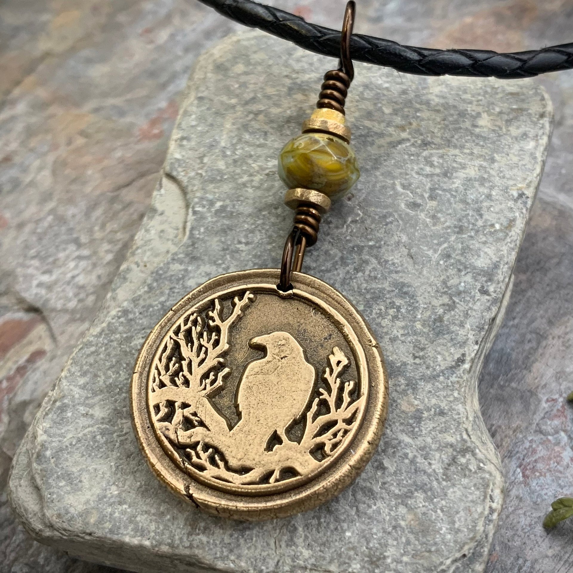 Raven Bronze Pendant, Czech Glass Bead, Tree Branches, Leather & Vegan Cords, Raven Silhouette, Celtic Goddess Witch, Pagan Earthy Jewelry