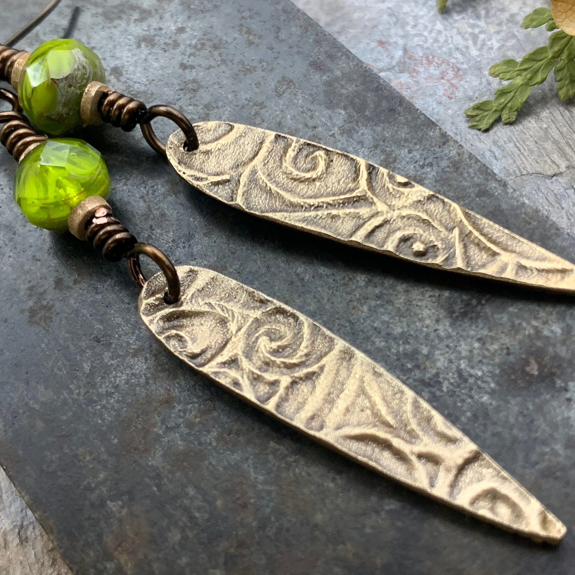 Fern Bronze Earrings, Teardrop Shield, Botanical Earthy, Green Witch, Hypoallergenic Ear Wires, Green Czech Glass, Handmade Art Jewelry