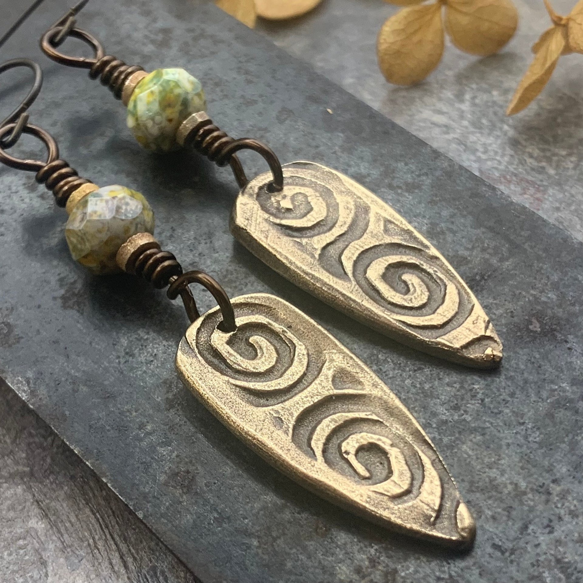 Bronze Shield Earrings, Celtic Spiral Texture, Czech Glass Beads, Hypoallergenic Ear Wires, Light Dangle Earrings, Teardrop Shield, Handmade